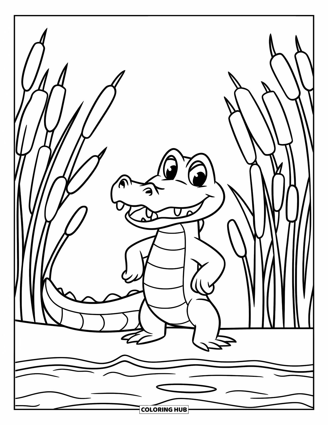 Alligator Coloring Page for Kids: A wide-eyed alligator smiles beside gentle reeds on a clear riverbank