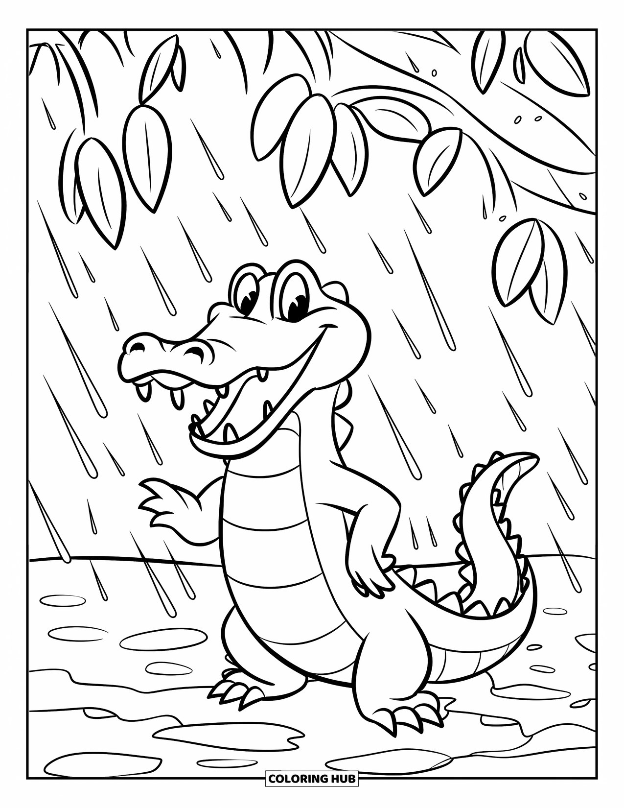 Alligator Coloring Page for Kids: A wide-eyed alligator stands in muddy rain under leafy branches