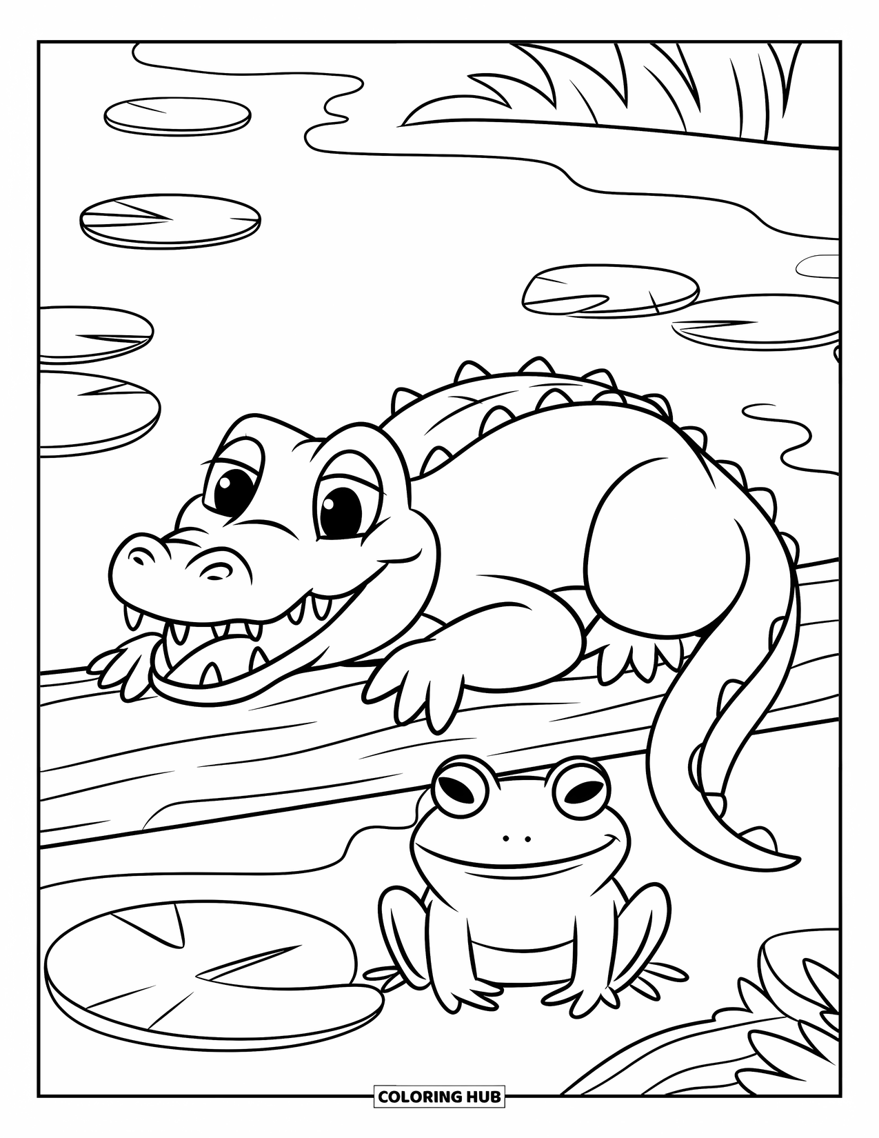 Alligator Coloring Page for Kids: An alligator and a frog relax by a lake with big leaves and lily pads