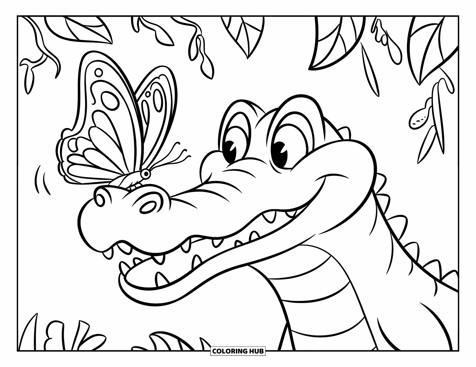 Alligator Coloring Page for Kids: An alligator beams as a butterfly rests on its nose in the jungle
