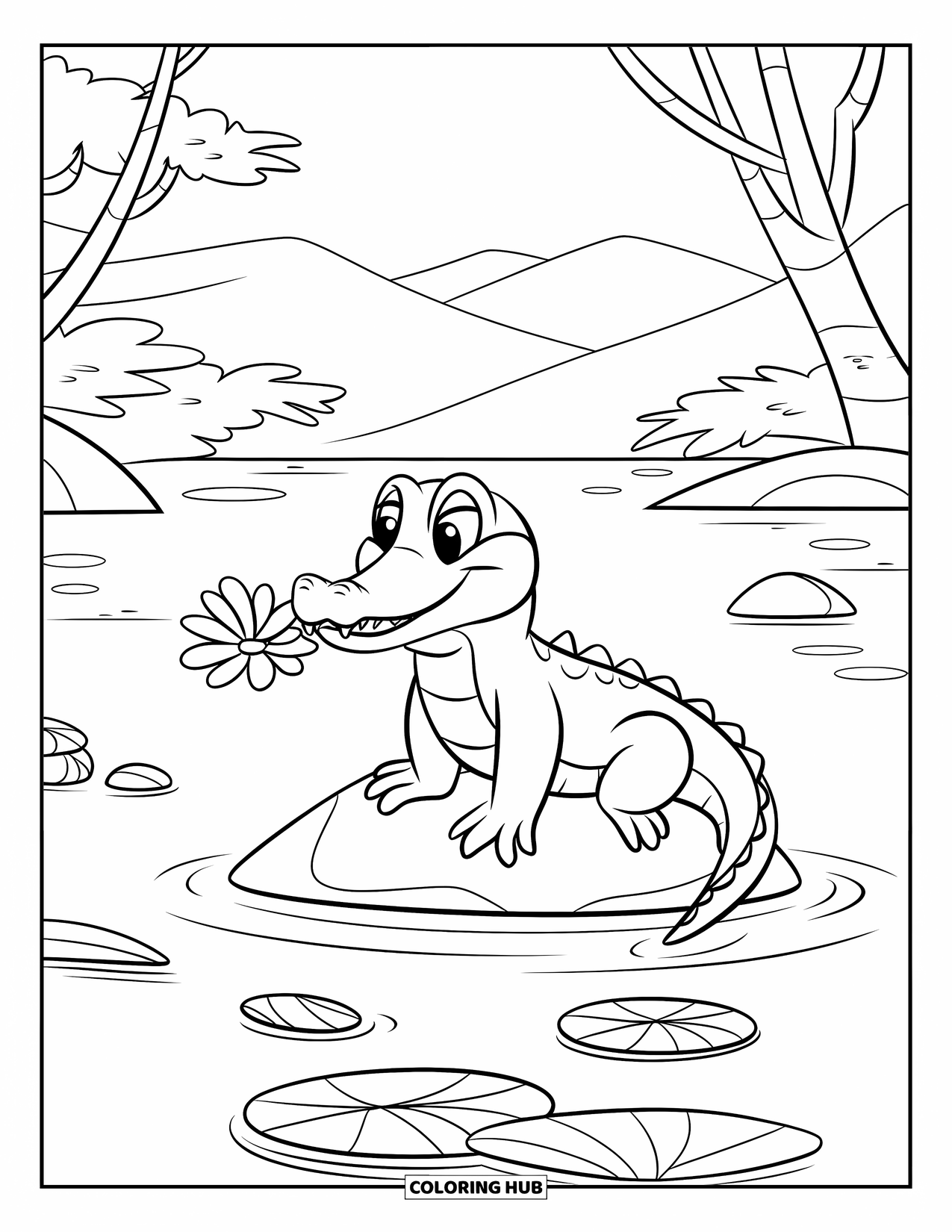 Alligator Coloring Page for Kids: An alligator curiously touches a flower from a rock in a calm pond