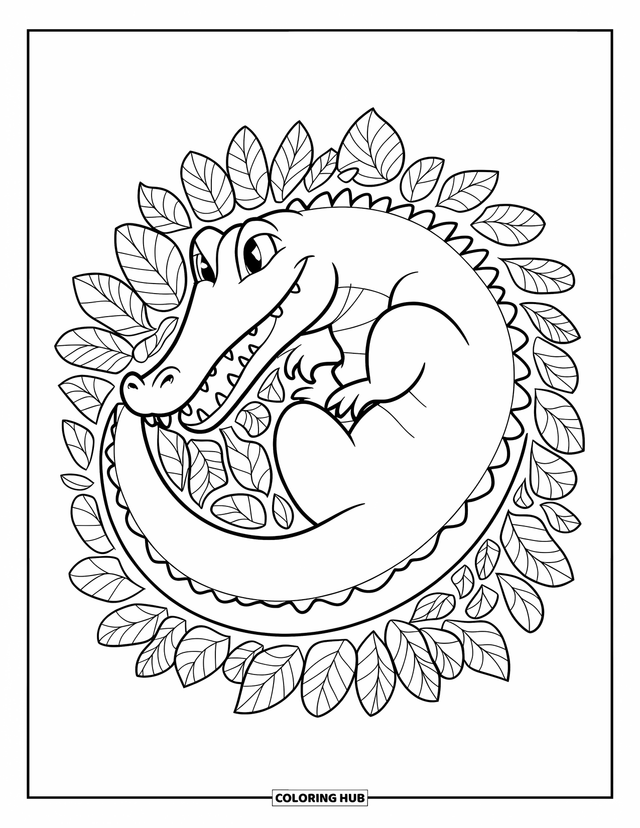 Alligator Coloring Page for Kids: An alligator curls up in a nest of swirling leaf patterns