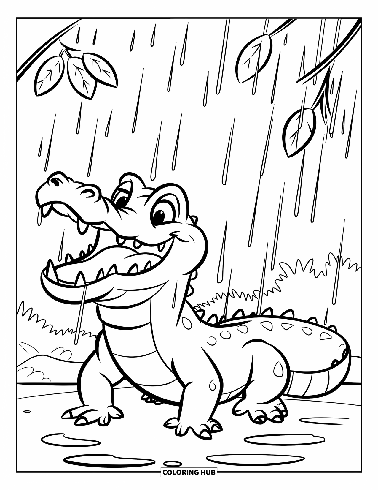 Alligator Coloring Page for Kids: An alligator grins beneath dripping leaves with puddles forming all around