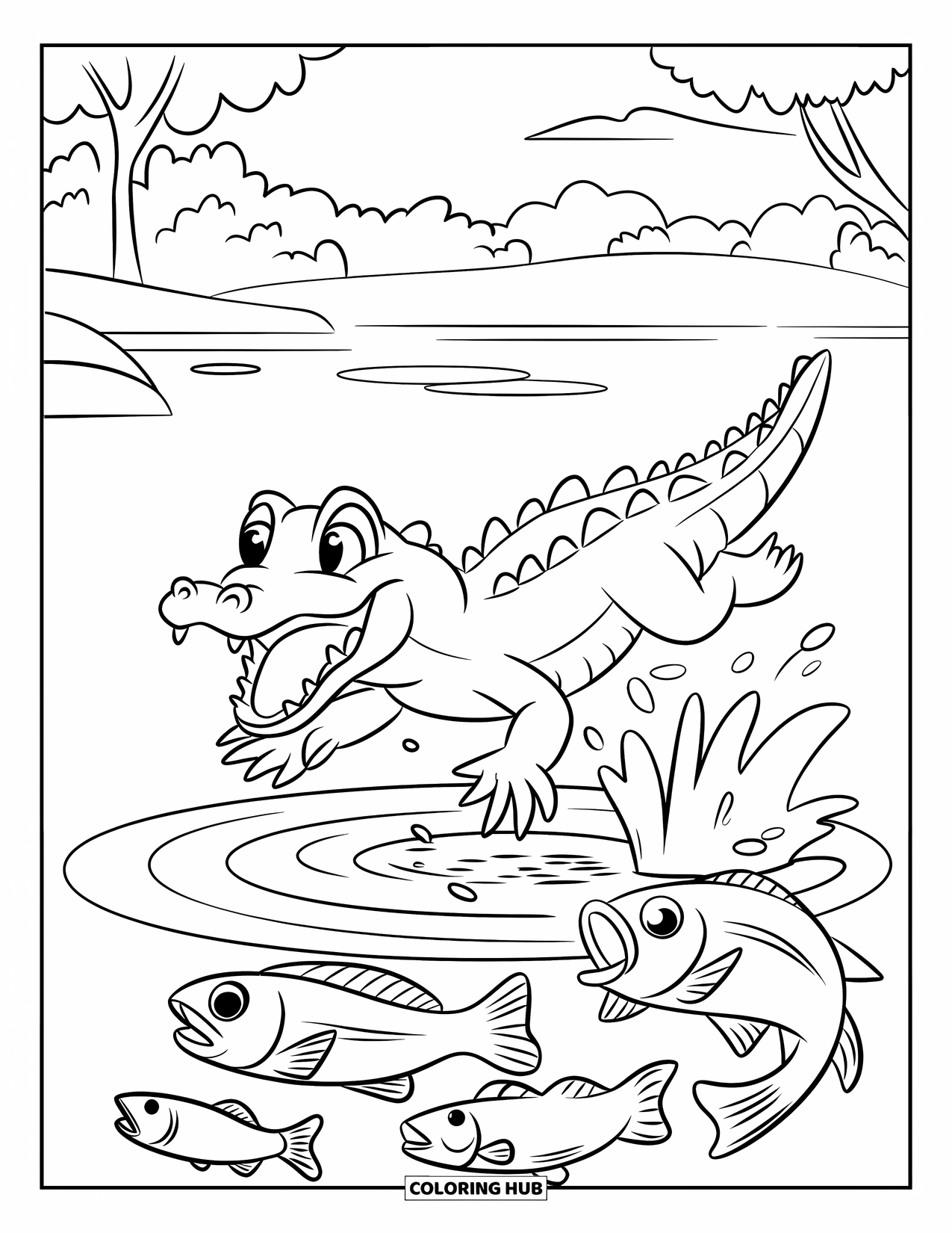 Alligator Coloring Page for Kids: An alligator jumps high from the lake, startling the fish below