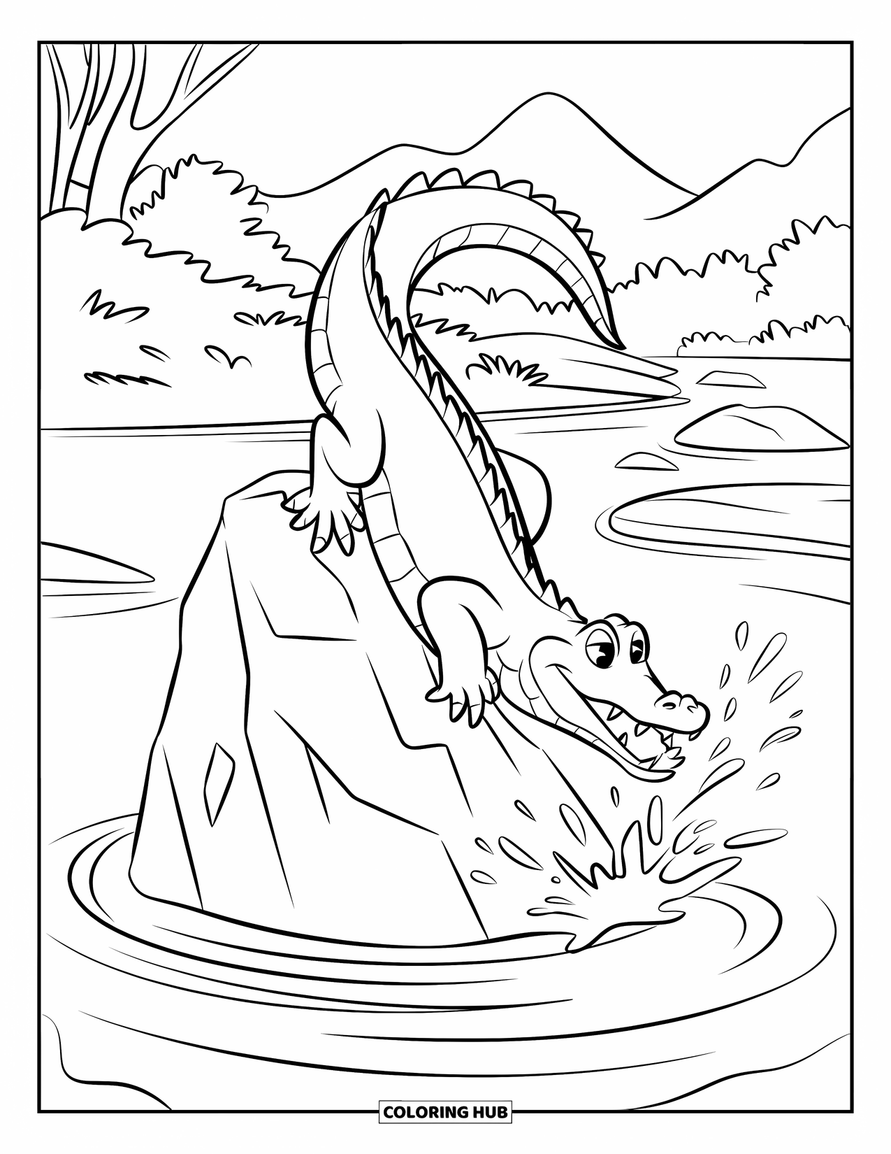 Alligator Coloring Page for Kids: An alligator leaps onto a rock in a calm river surrounded by trees