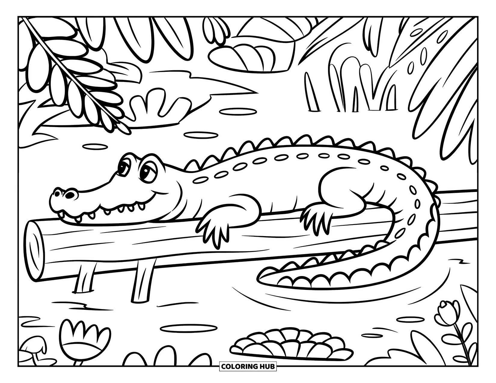 Alligator Coloring Page for Kids: An alligator lounges in a flower-filled swamp, lying peacefully on a floating log