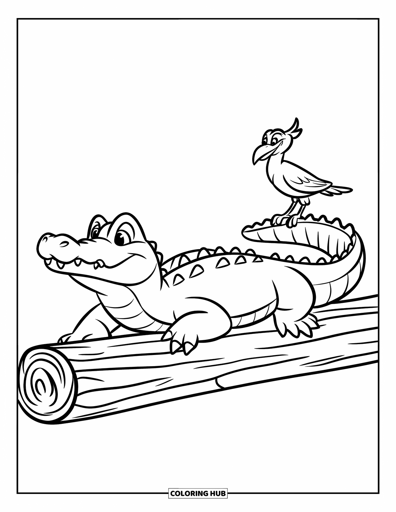Alligator Coloring Page for Kids: An alligator lounges on a log with a bird sitting quietly on its tail