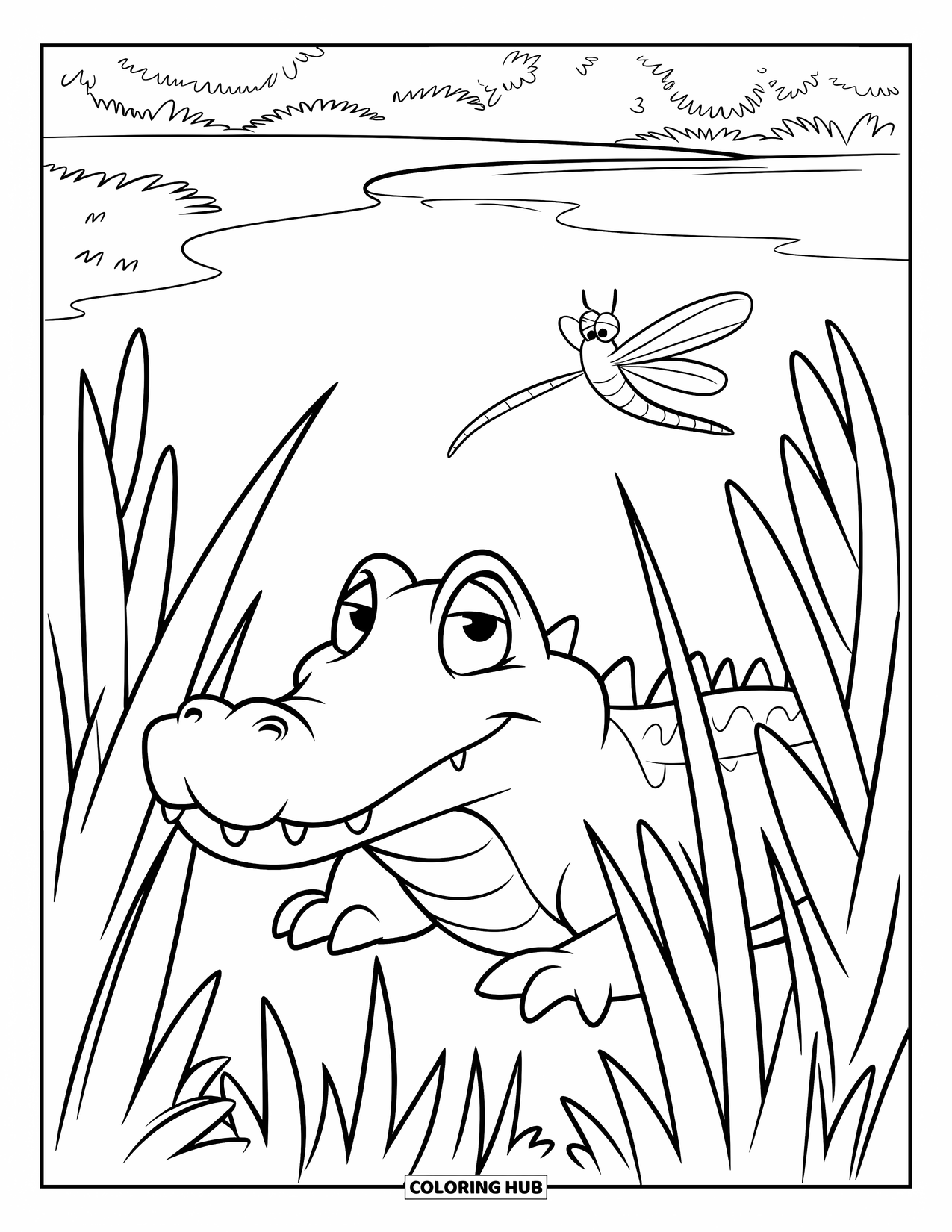 Alligator Coloring Page for Kids: An alligator peeks from tall grass while a dragonfly flits above
