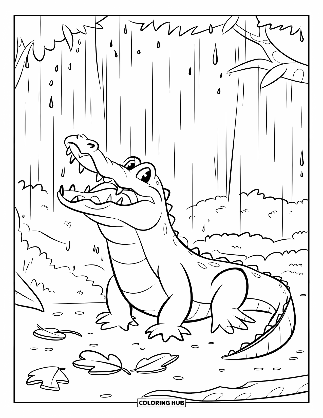 Alligator Coloring Page for Kids: An alligator poses with mouth open as raindrops fall through jungle leaves