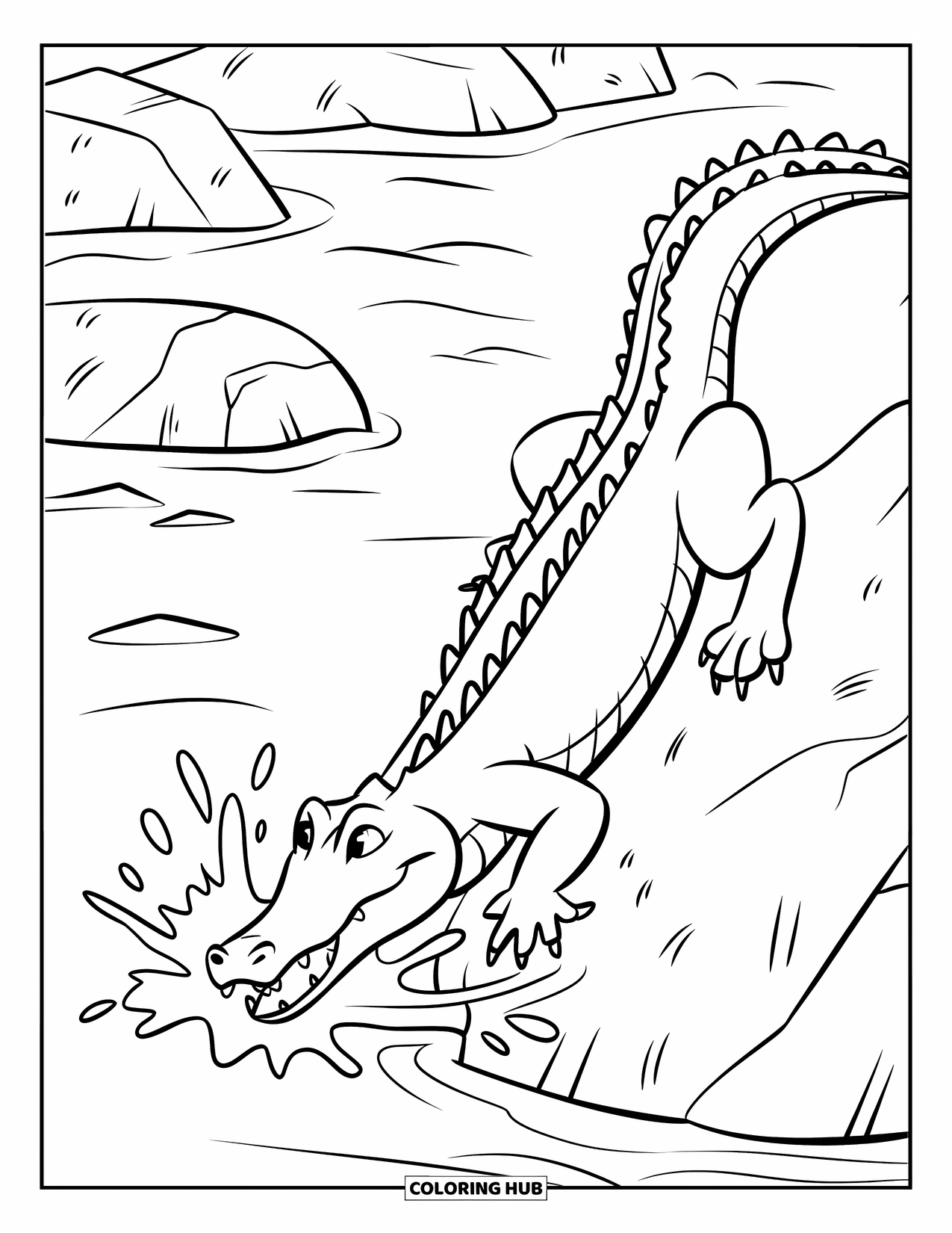 Alligator Coloring Page for Kids: An alligator scrambles up a rock while splashing river water everywhere