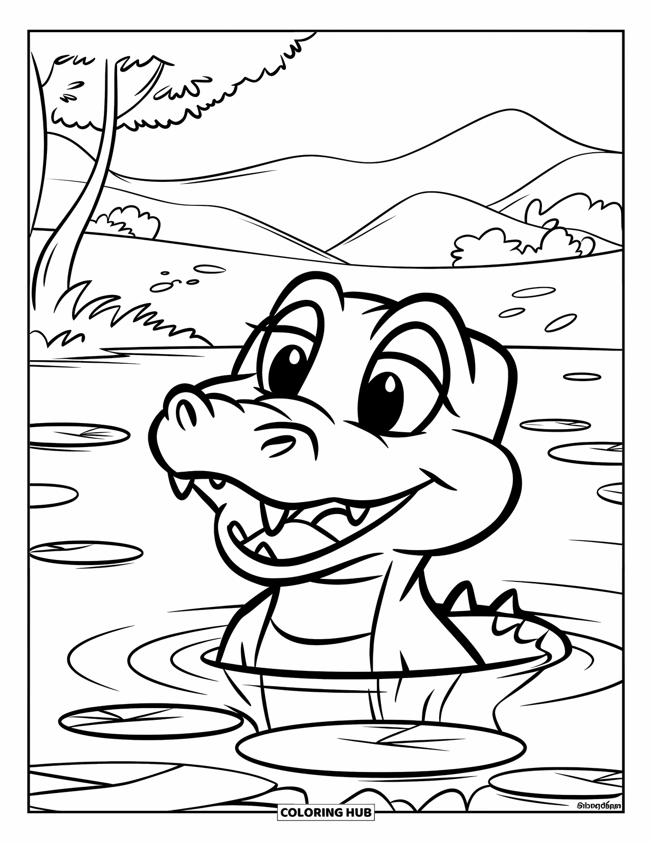 Alligator Coloring Page for Kids: An alligator smiles from a lily pad in a peaceful pond under a clear sky