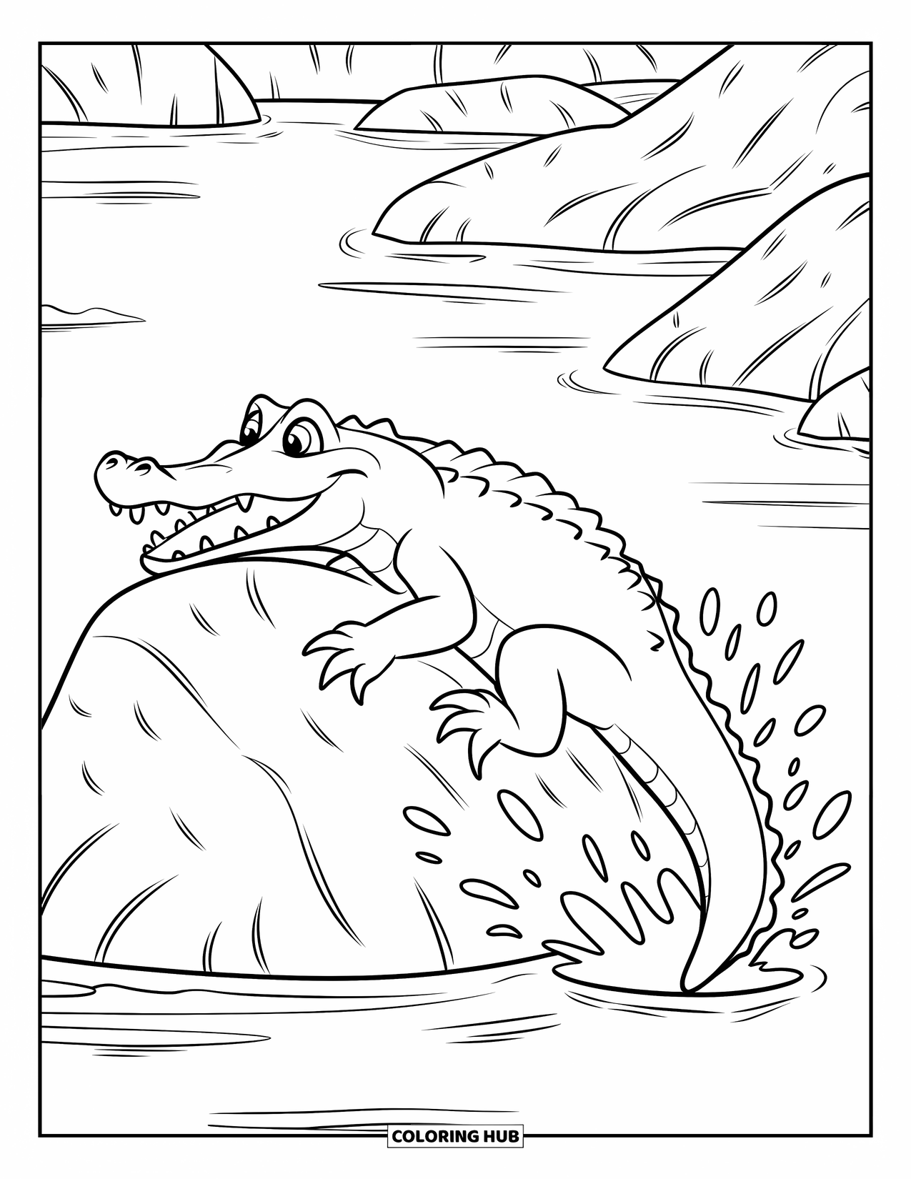 Alligator Coloring Page for Kids: An excited alligator splashes as it climbs a rock in a river