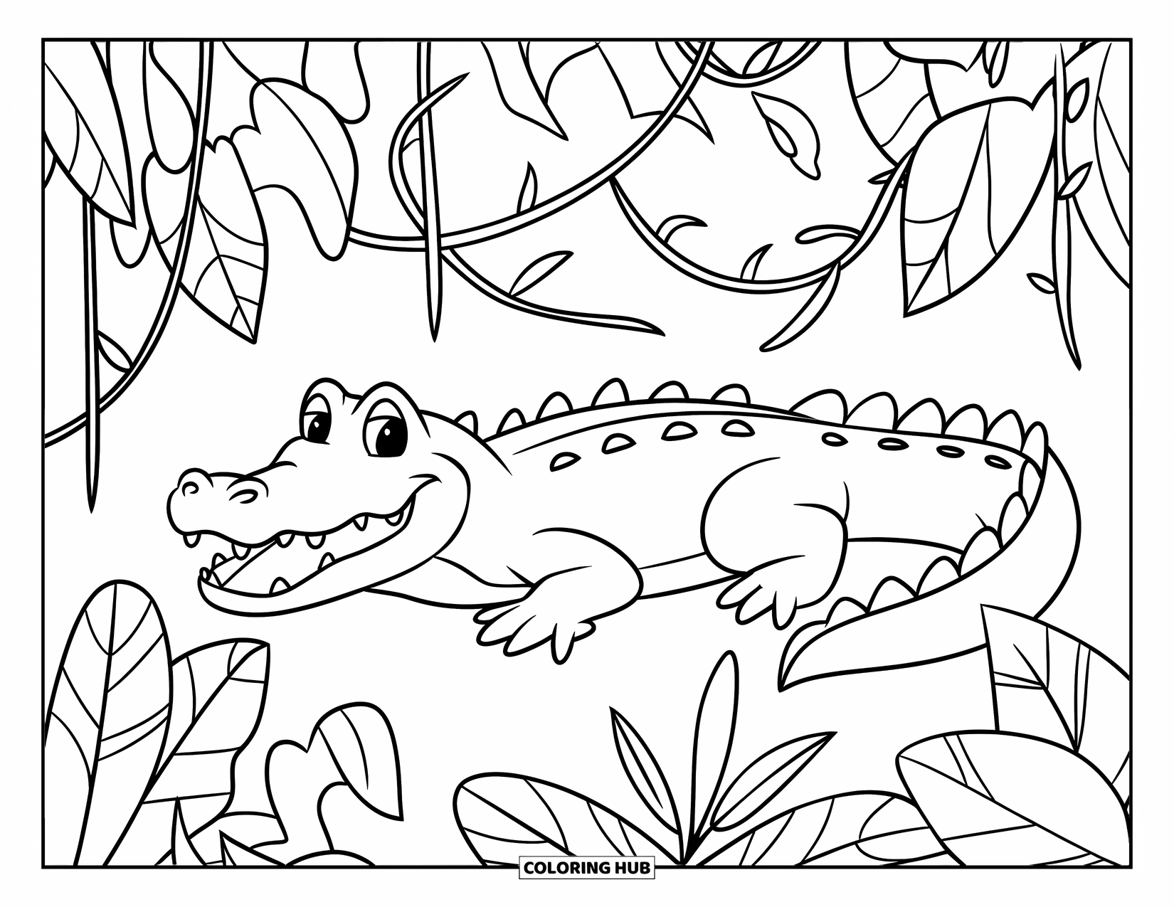 Alligator Coloring Page for Kids: An open-mouthed alligator is surrounded by jungle vines and big leaves