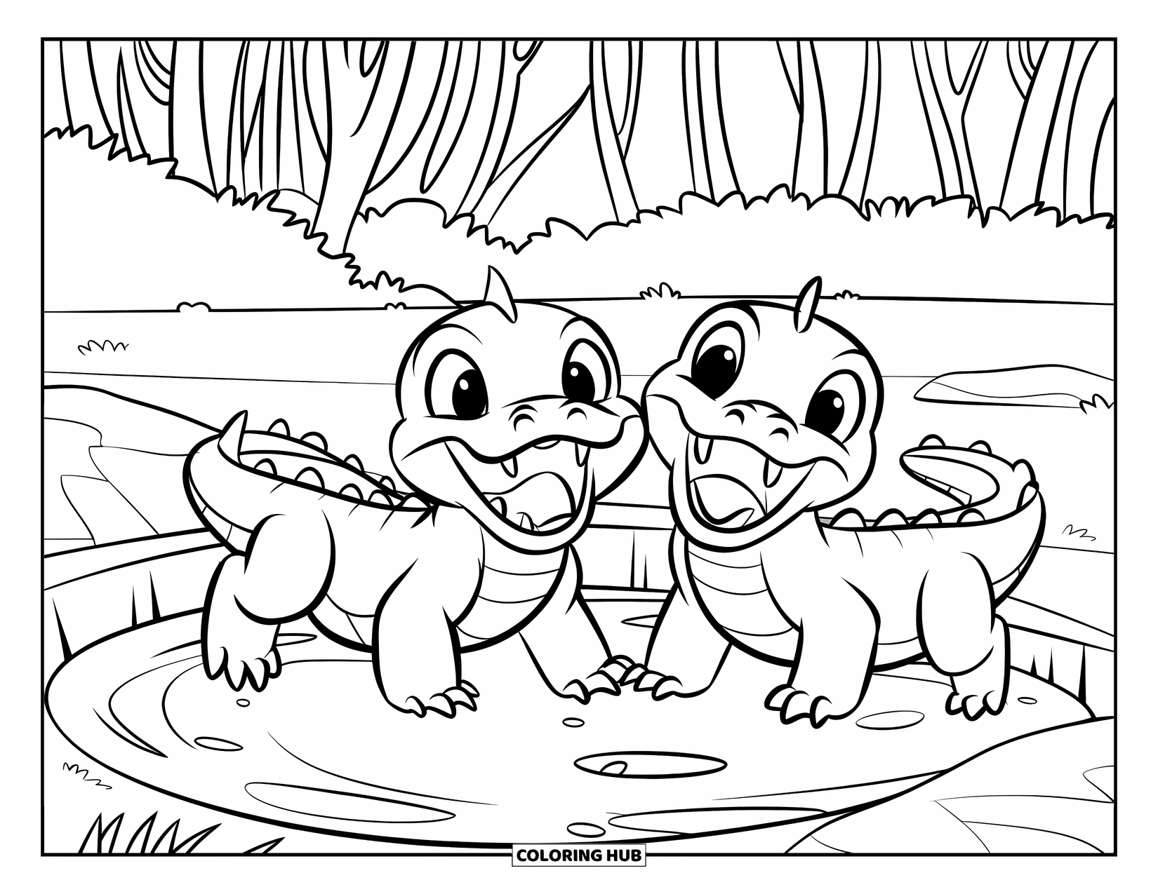 Alligator Coloring Page for Kids: Two baby alligators play near a waterhole in the jungle