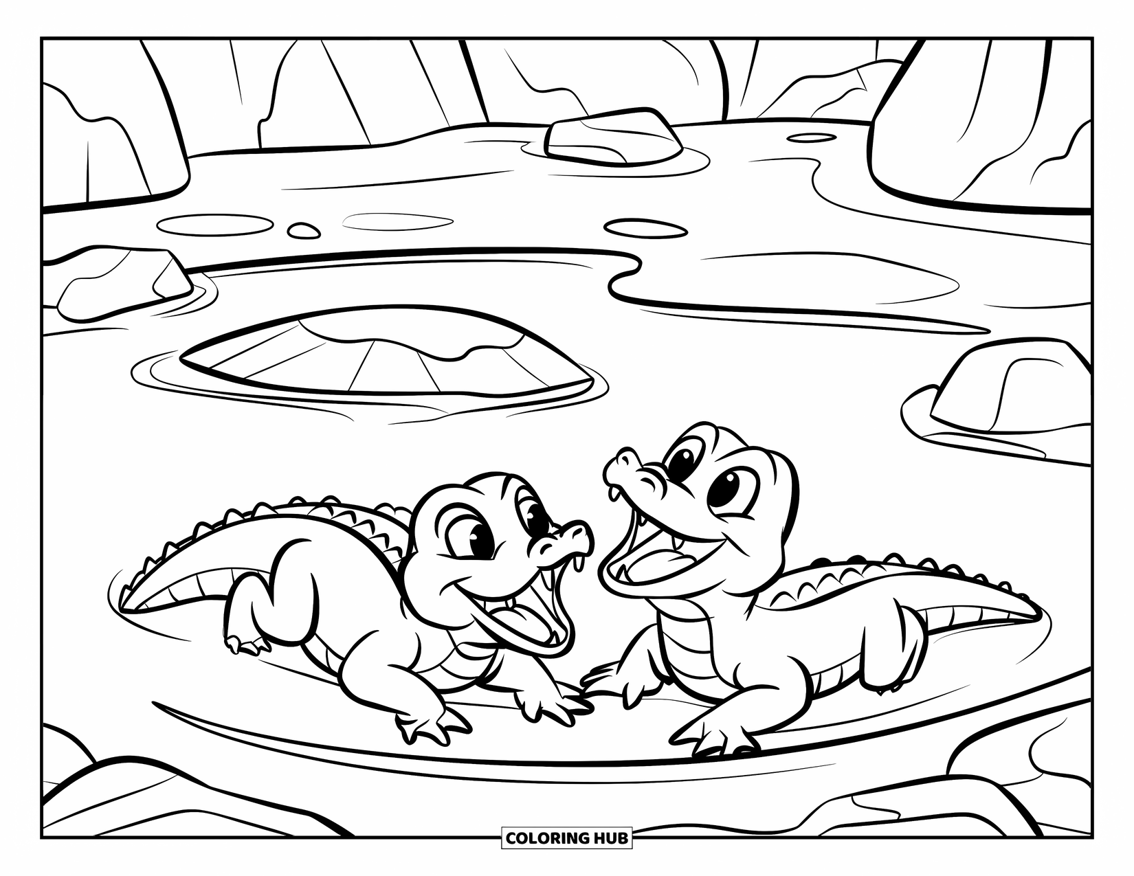 Alligator Coloring Page for Kids: Two happy baby alligators splash around a waterhole and small island