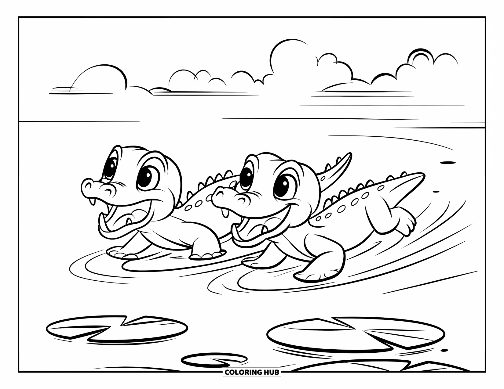 Alligator Coloring Page for Kids: Two playful baby alligators swim together near a lily pad and fluffy clouds