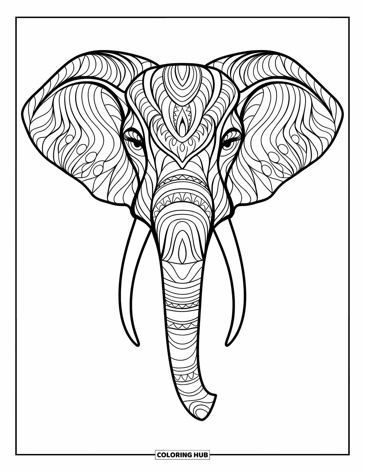 Animal Mandala Coloring Page for Adults: Bold elephant head mandala with clean outlines and tribal shapes