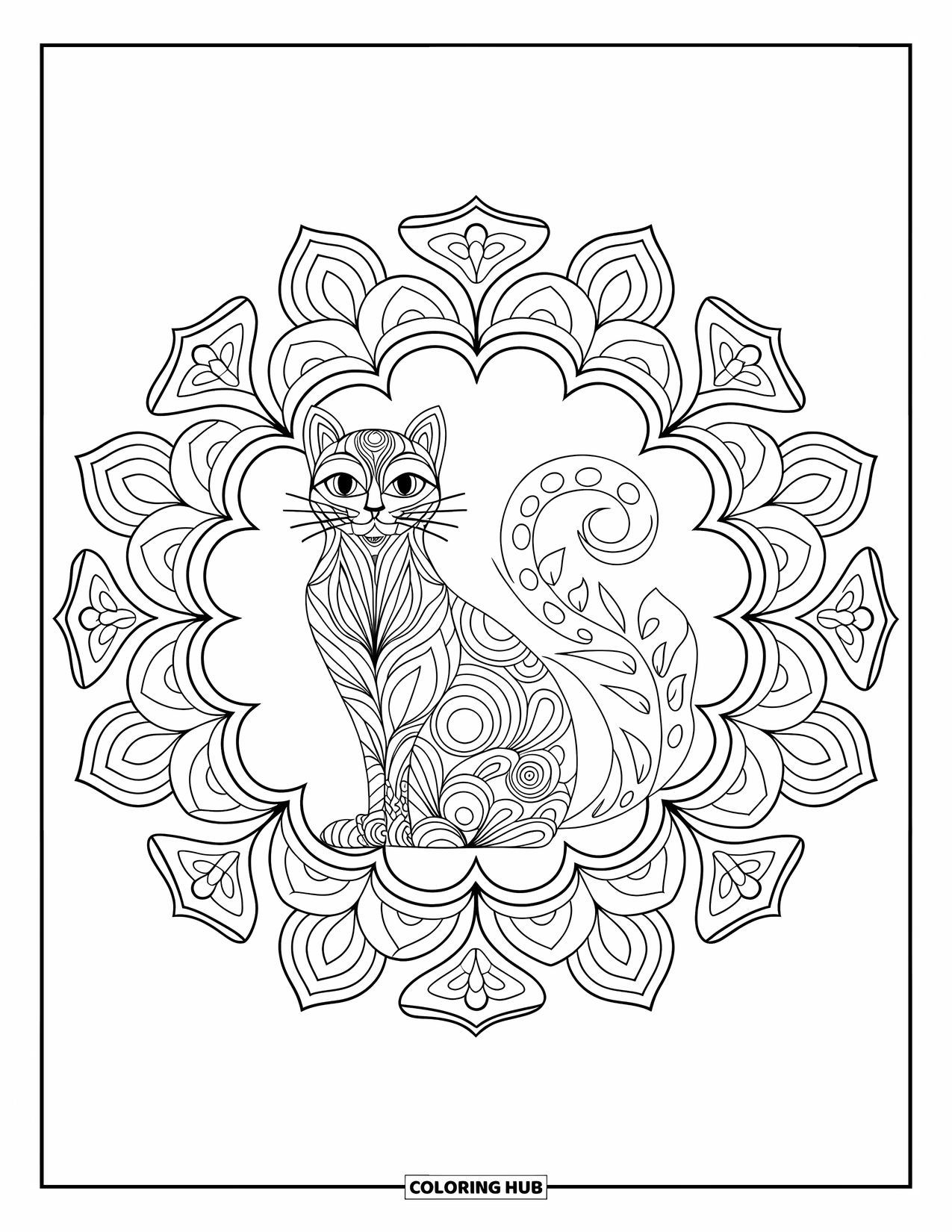 Animal Mandala Coloring Page for Adults: Cat with mandala fur and detailed garden scene