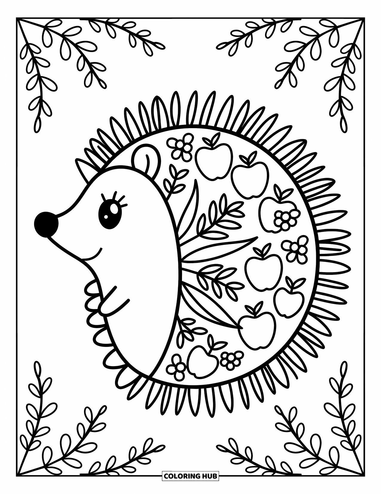 Animal Mandala Coloring Page for Adults: Circular hedgehog mandala with quills, berries, apples, and leaves