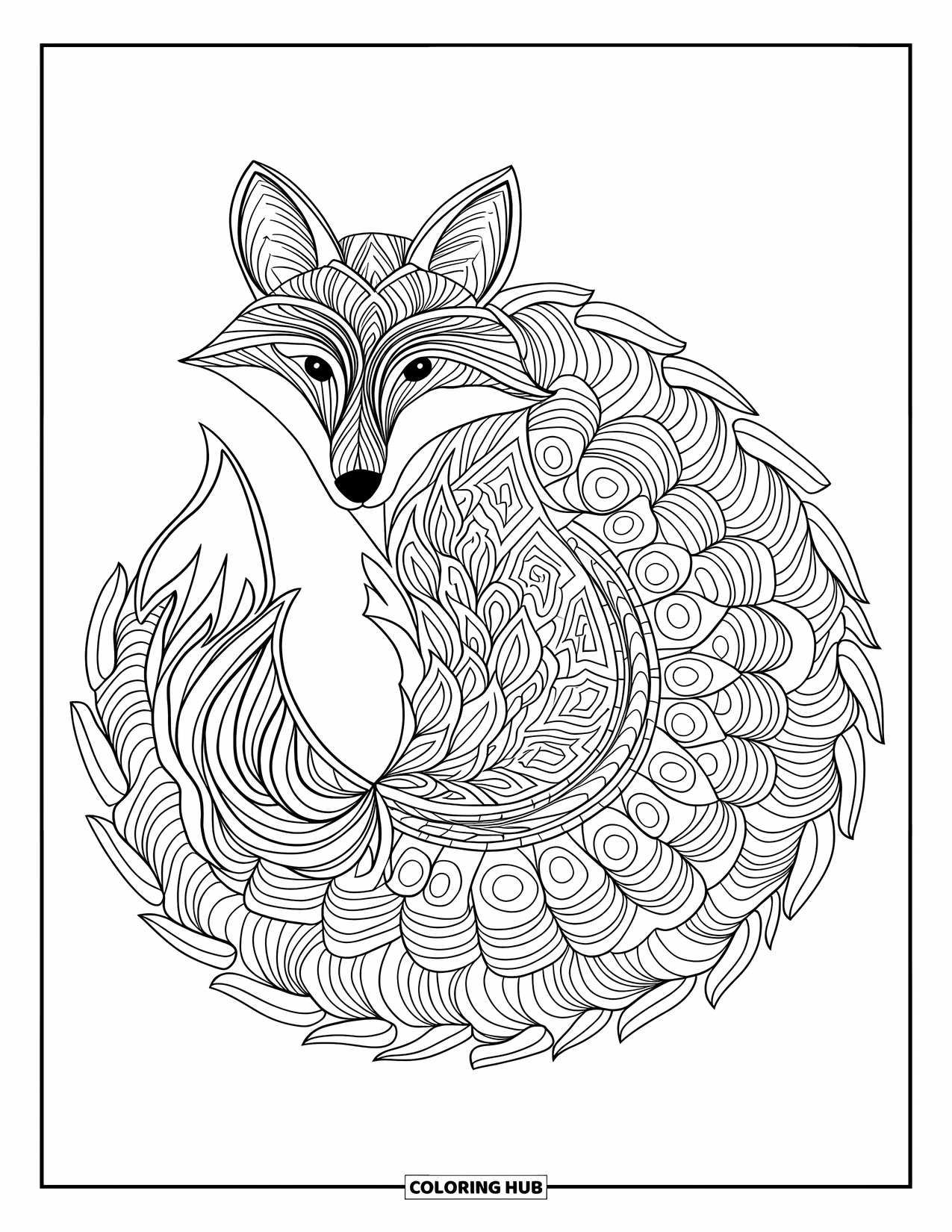 Animal Mandala Coloring Page for Adults: Curled fox in a circle with textured mandala-style fur