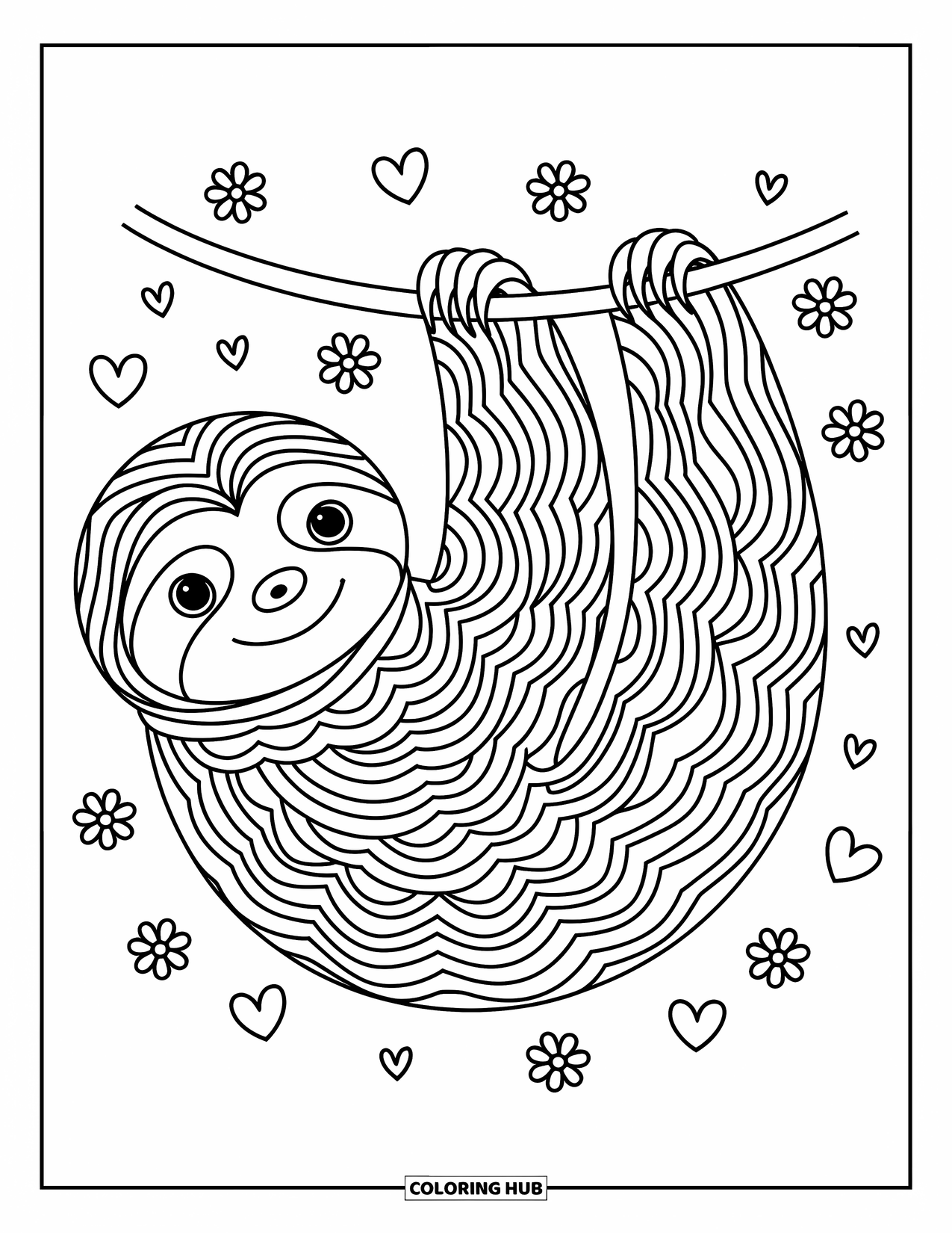 Animal Mandala Coloring Page for Adults: Cute sloth with balanced mandala limbs and playful floral doodles