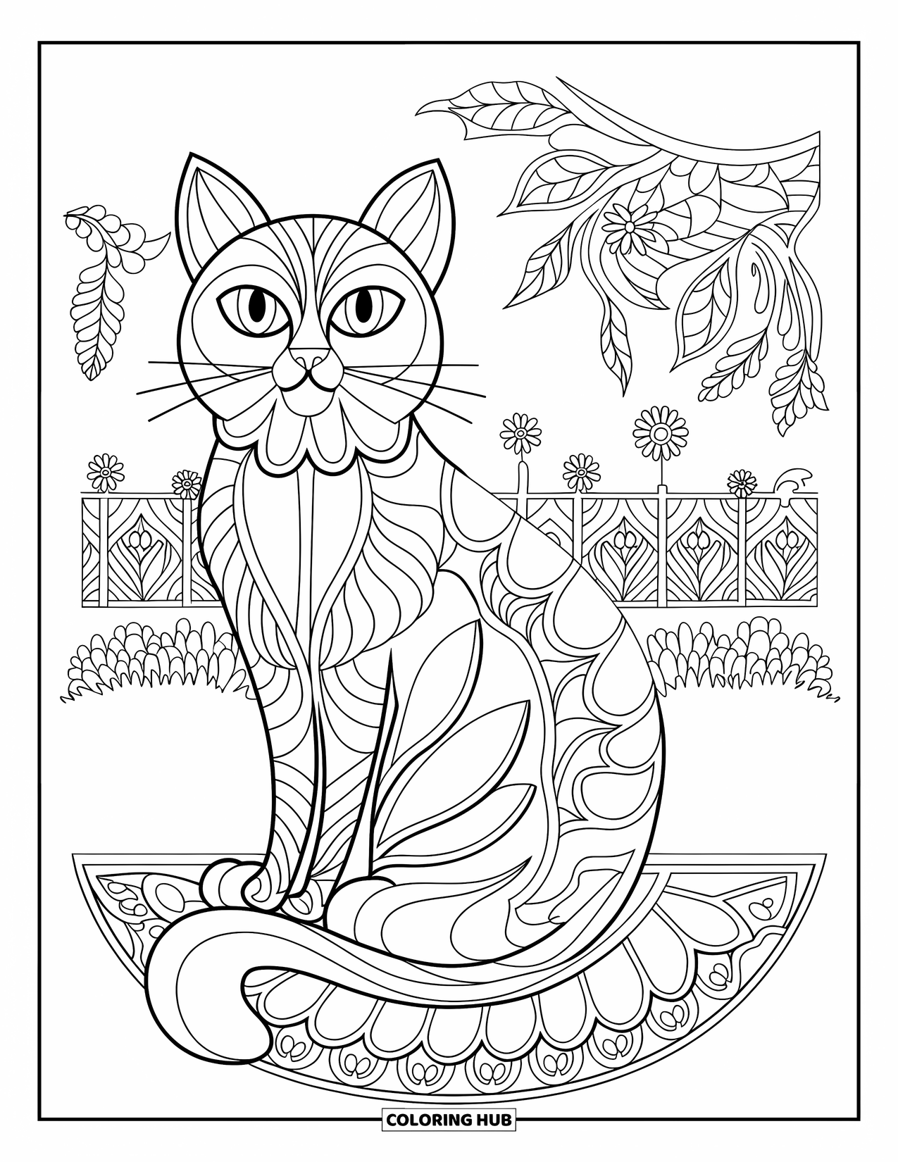 Animal Mandala Coloring Page for Adults: Elegant cat in a flower-filled garden with flowing mandala tail
