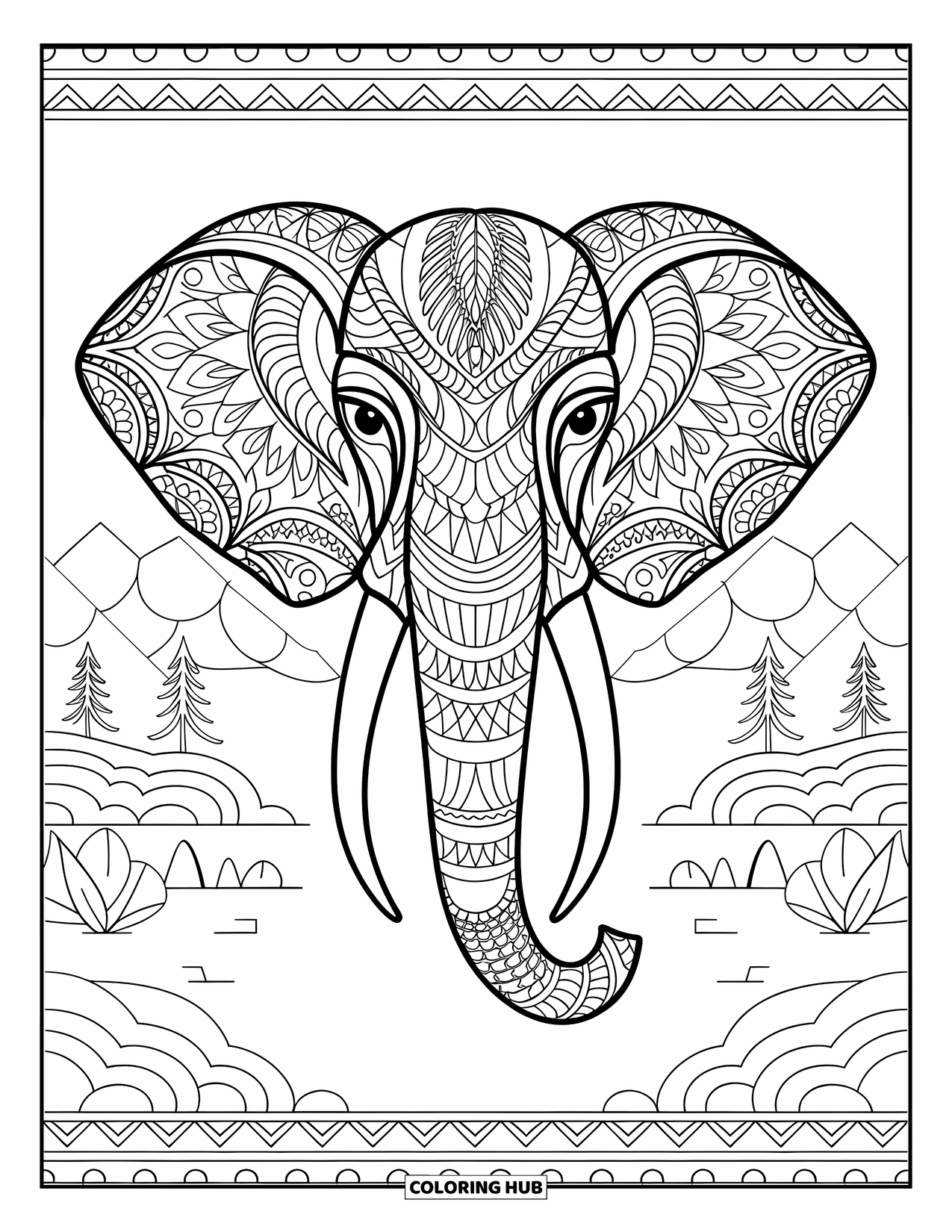 Animal Mandala Coloring Page for Adults: Elephant head filled with tribal mandalas in a scenic mountain view