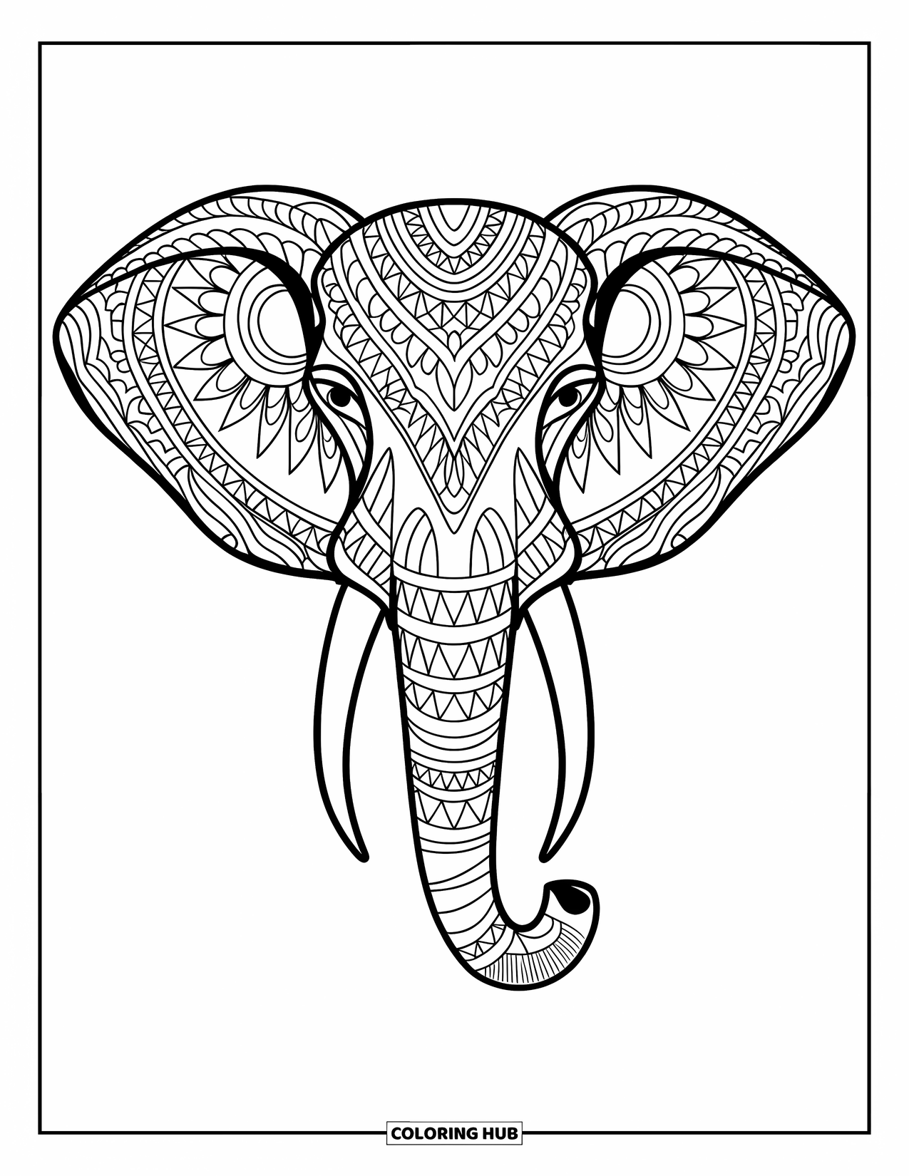 Animal Mandala Coloring Page for Adults: Elephant head with tribal mandala ears and large tusks