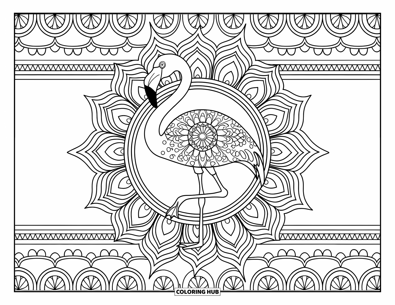 Animal Mandala Coloring Page for Adults: Flamingo on one leg with spiraled feather mandalas and ornate borders