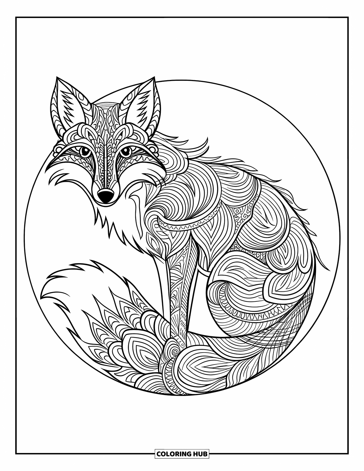 Animal Mandala Coloring Page for Adults: Fox curled into a mandala circle with clean white background