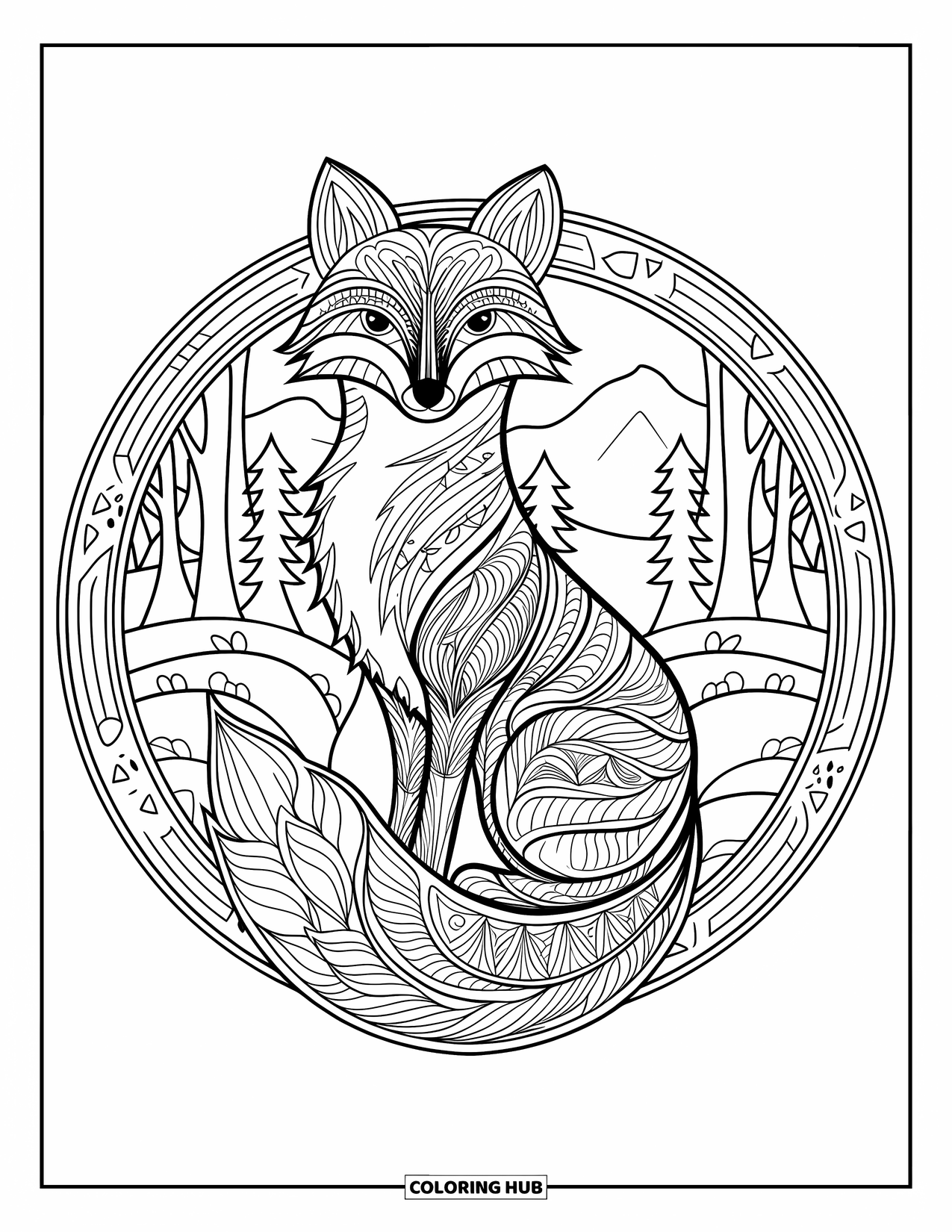 Animal Mandala Coloring Page for Adults: Fox sitting on a leaf in a peaceful forest mandala scene