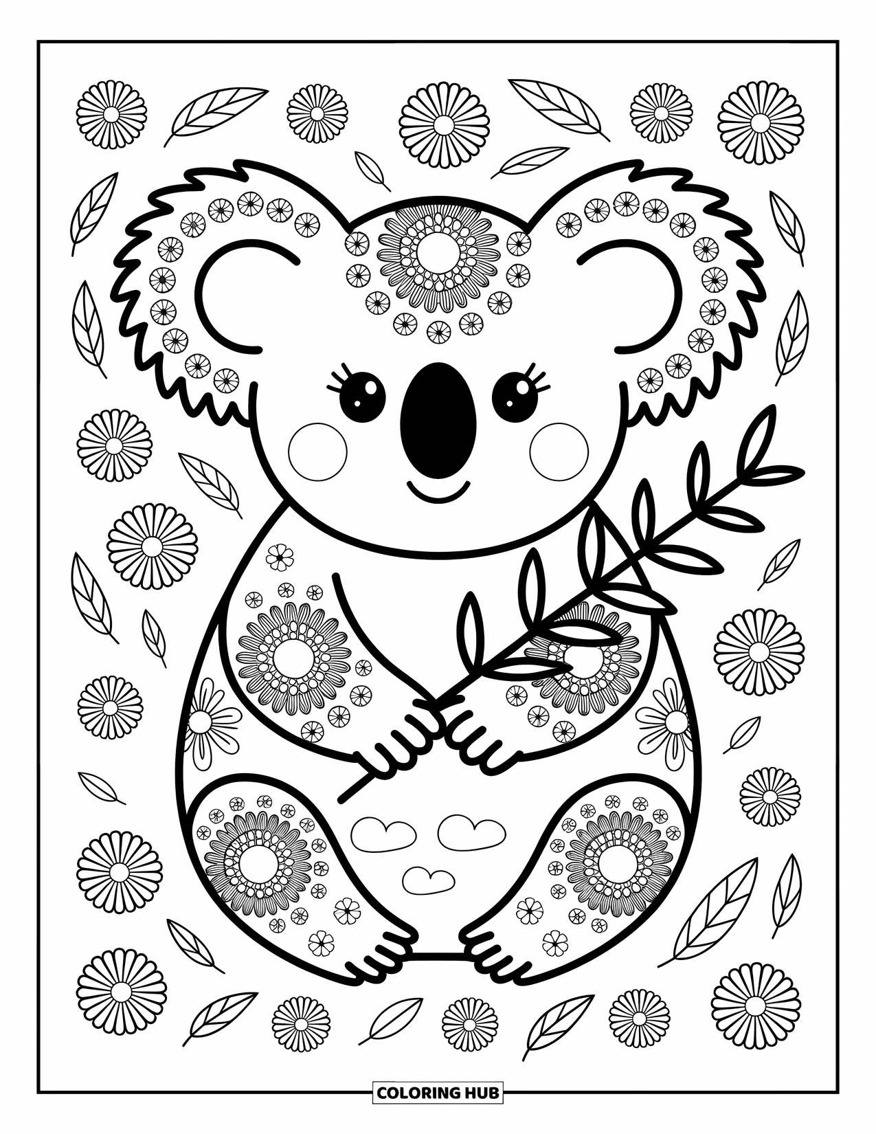 Animal Mandala Coloring Page for Adults: Front-facing koala with leafy mandala shapes and a eucalyptus branch