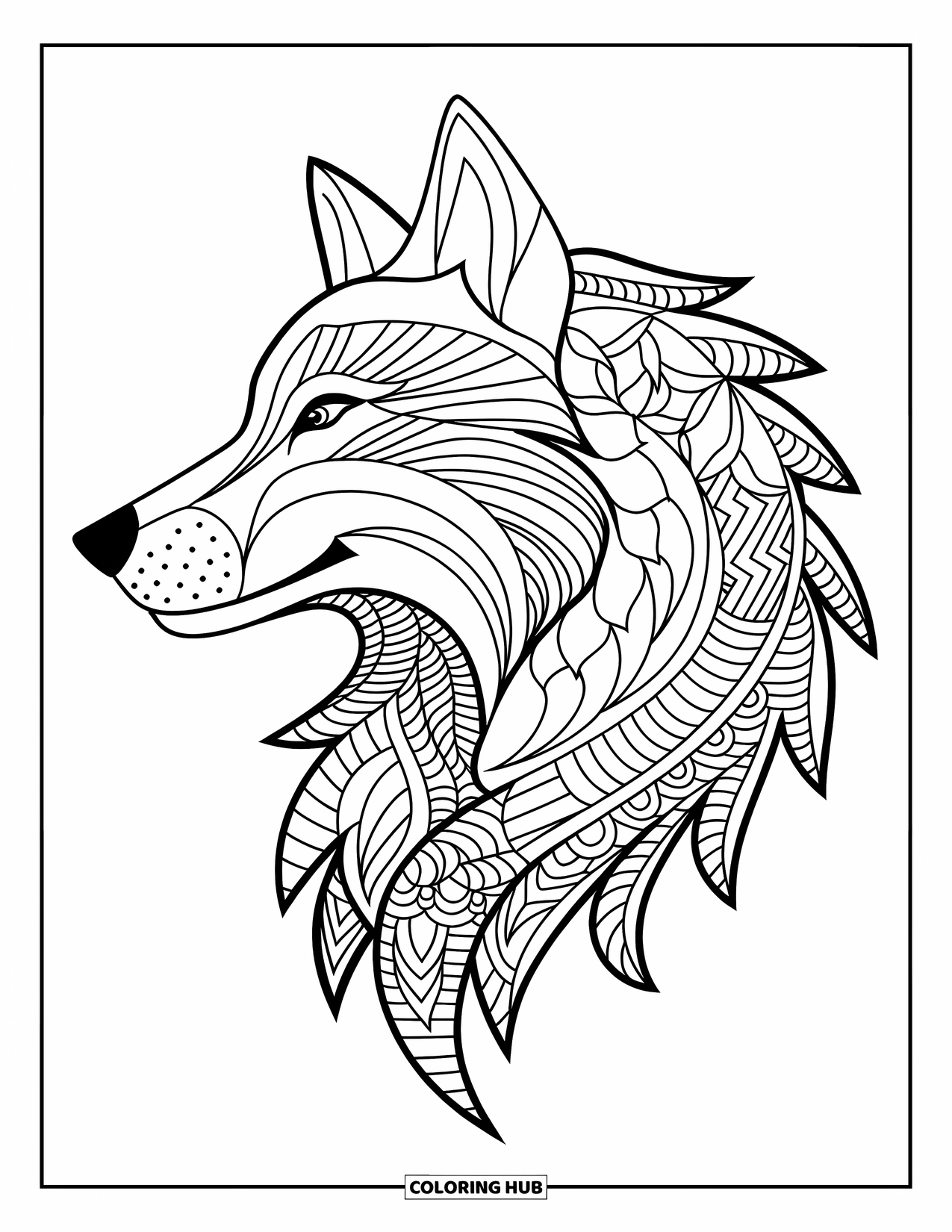 Animal Mandala Coloring Page for Adults: Geometric mandala wolf with crisp lines and a clean profile