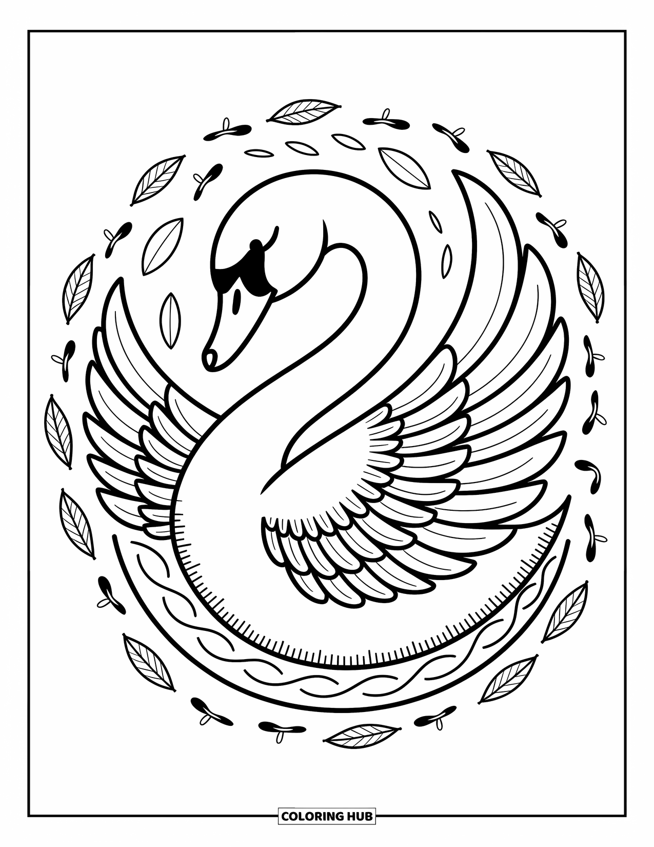 Animal Mandala Coloring Page for Adults: Graceful swan with feathered mandala wings and floating lotus doodles