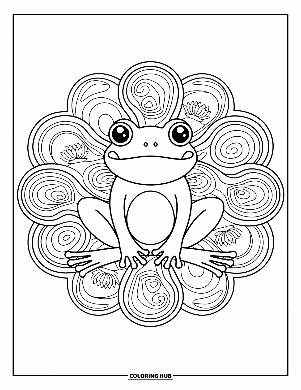 Animal Mandala Coloring Page for Adults: Happy frog sitting cross-legged with mandala lily pads and spirals