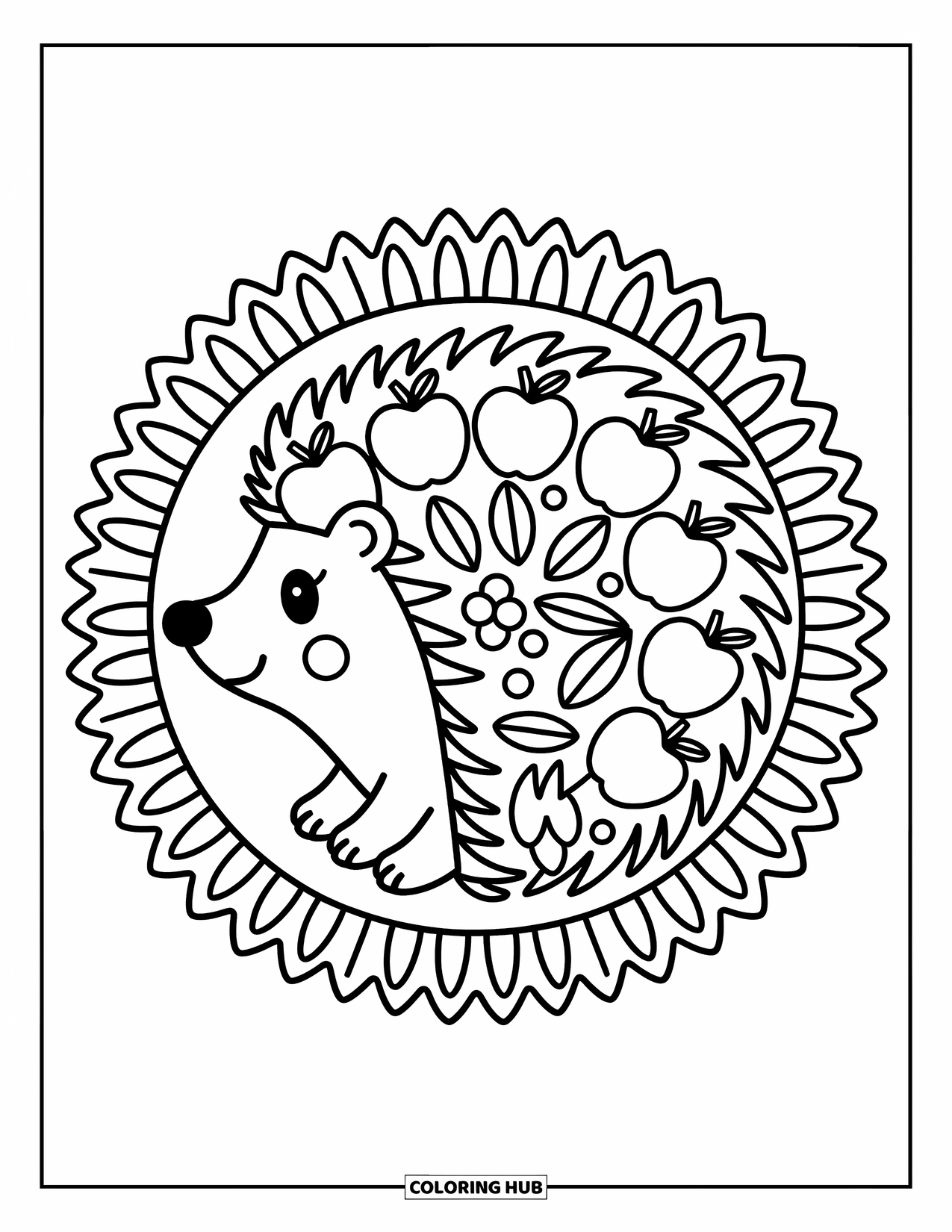 Animal Mandala Coloring Page for Adults: Hedgehog surrounded by mandala layers of fruits and floral bursts