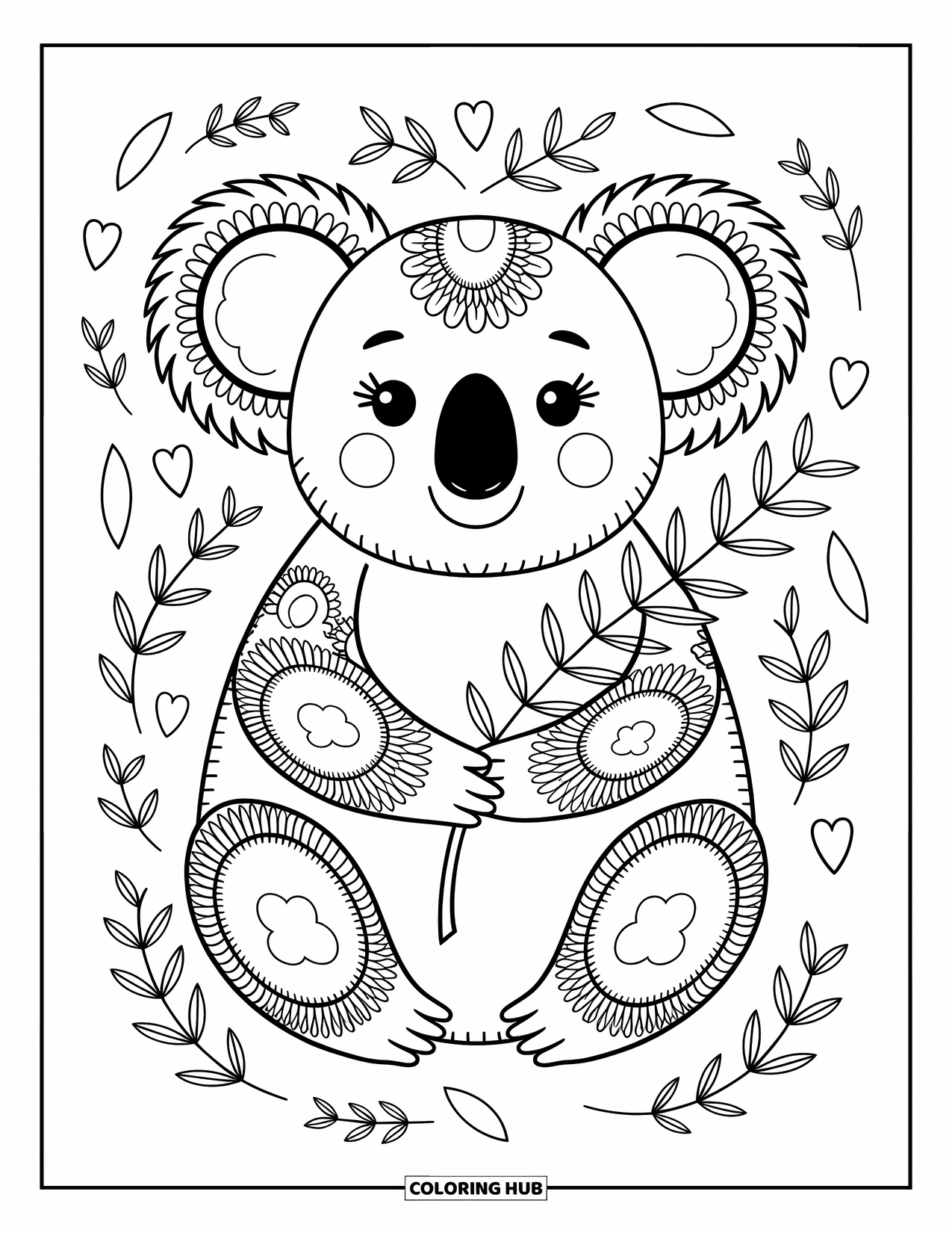 Animal Mandala Coloring Page for Adults: Koala holding eucalyptus with cloud and floral mandala details