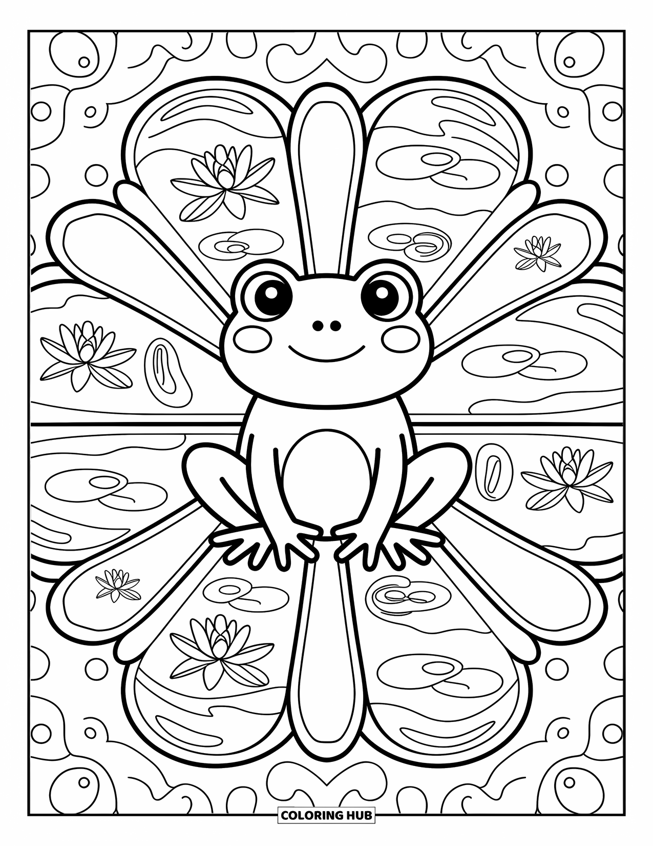 Animal Mandala Coloring Page for Adults: Mandala frog with wide eyes and gentle floral ripple patterns