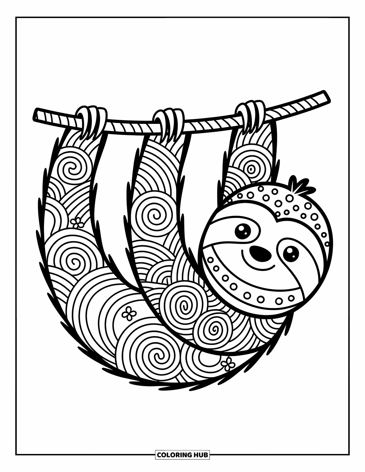 Animal Mandala Coloring Page for Adults: Mandala sloth with starbursts, spirals, and adorable hand-drawn accents