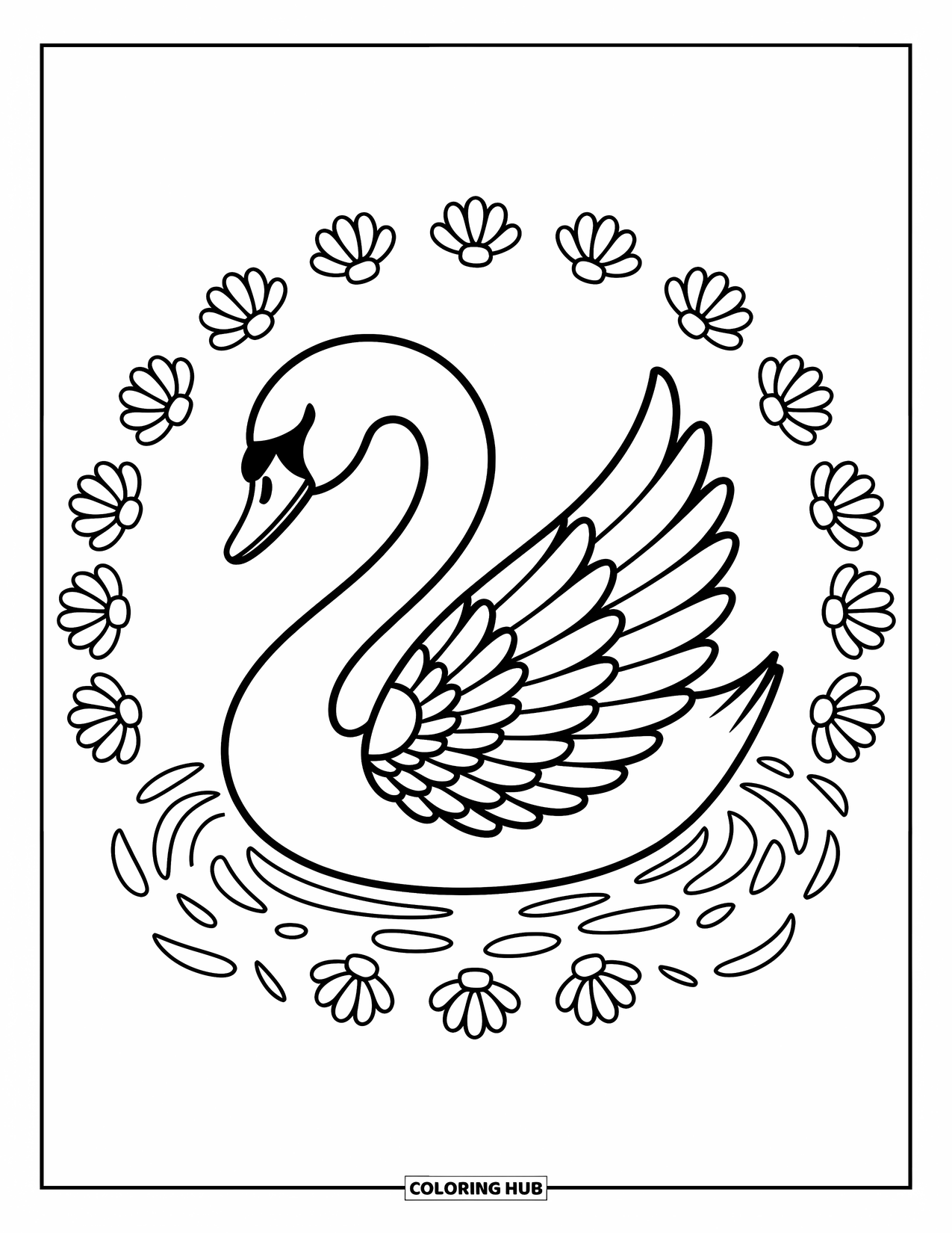 Animal Mandala Coloring Page for Adults: Mandala swan with playful waves, flower doodles, and curvy lines