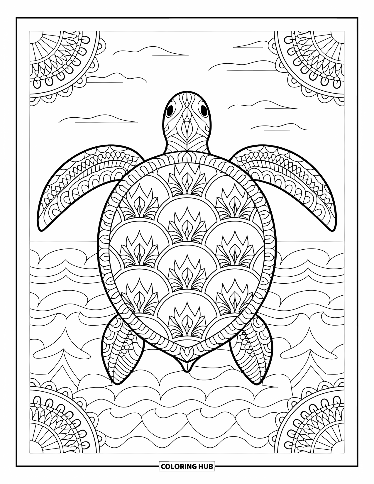 Animal Mandala Coloring Page for Adults: Mandala turtle with waves, sky, and decorative ocean borders