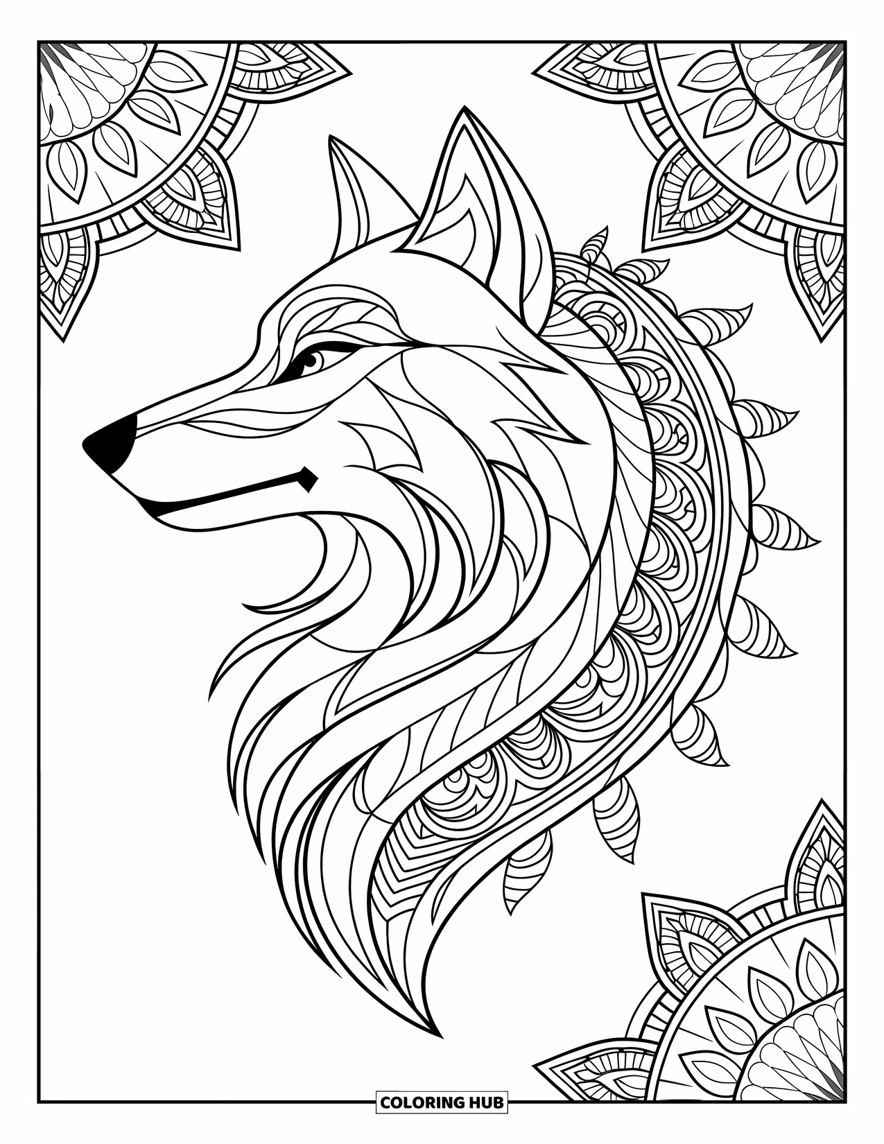 Animal Mandala Coloring Page for Adults: Mandala wolf with detailed mane and artistic border designs
