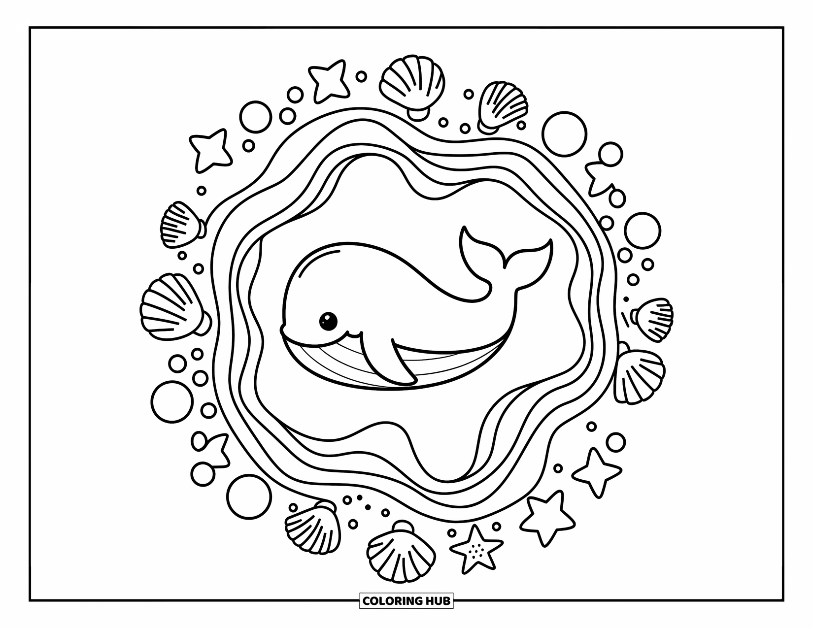 Animal Mandala Coloring Page for Adults: Ocean-inspired whale mandala with waves, starfish, and bubbly swirls