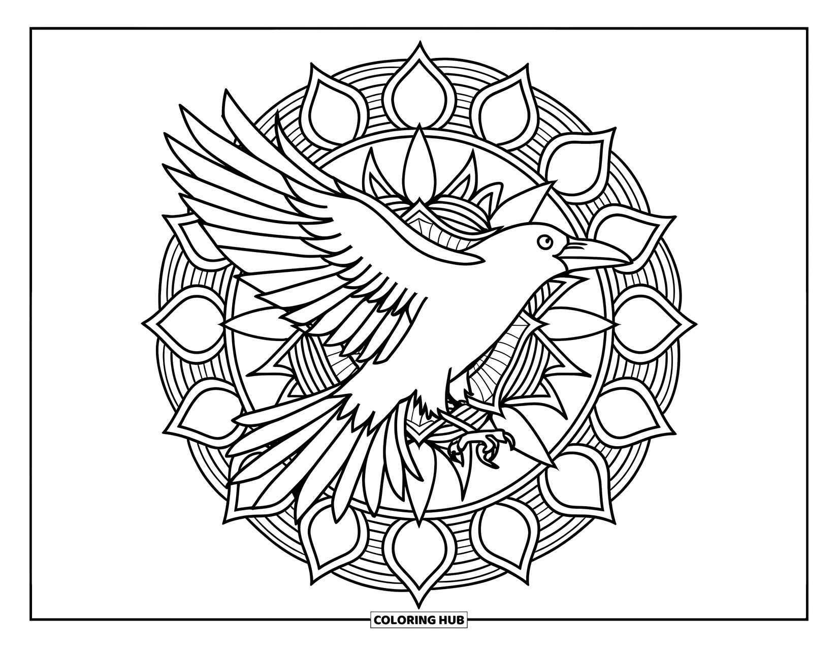Animal Mandala Coloring Page for Adults: Raven in flight with mandala wings and a background of detailed patterns