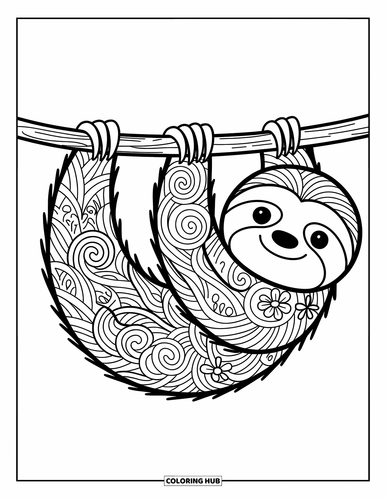 Animal Mandala Coloring Page for Adults: Relaxed sloth hanging in a whimsical mandala of vines and curves