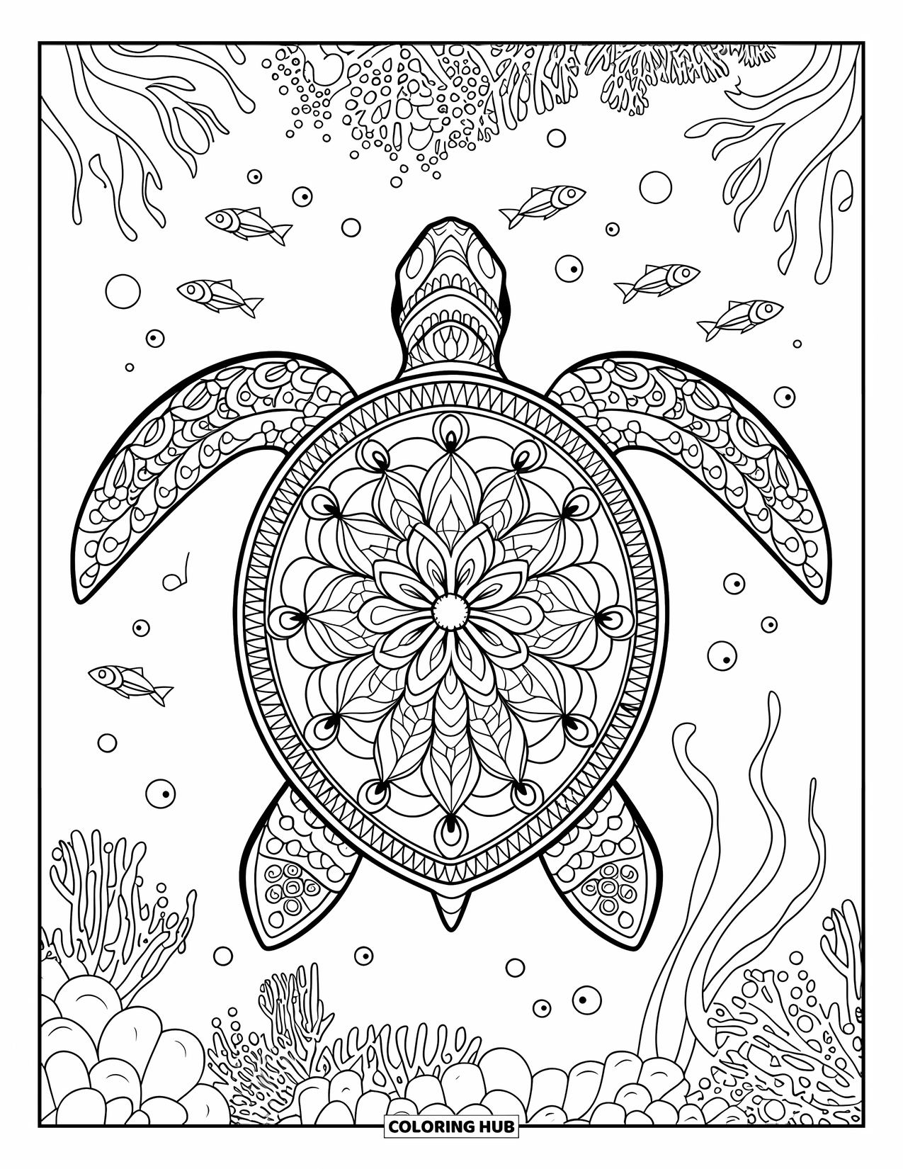 Animal Mandala Coloring Page for Adults: Sea turtle swimming with coral, bubbles, and fish in mandala style