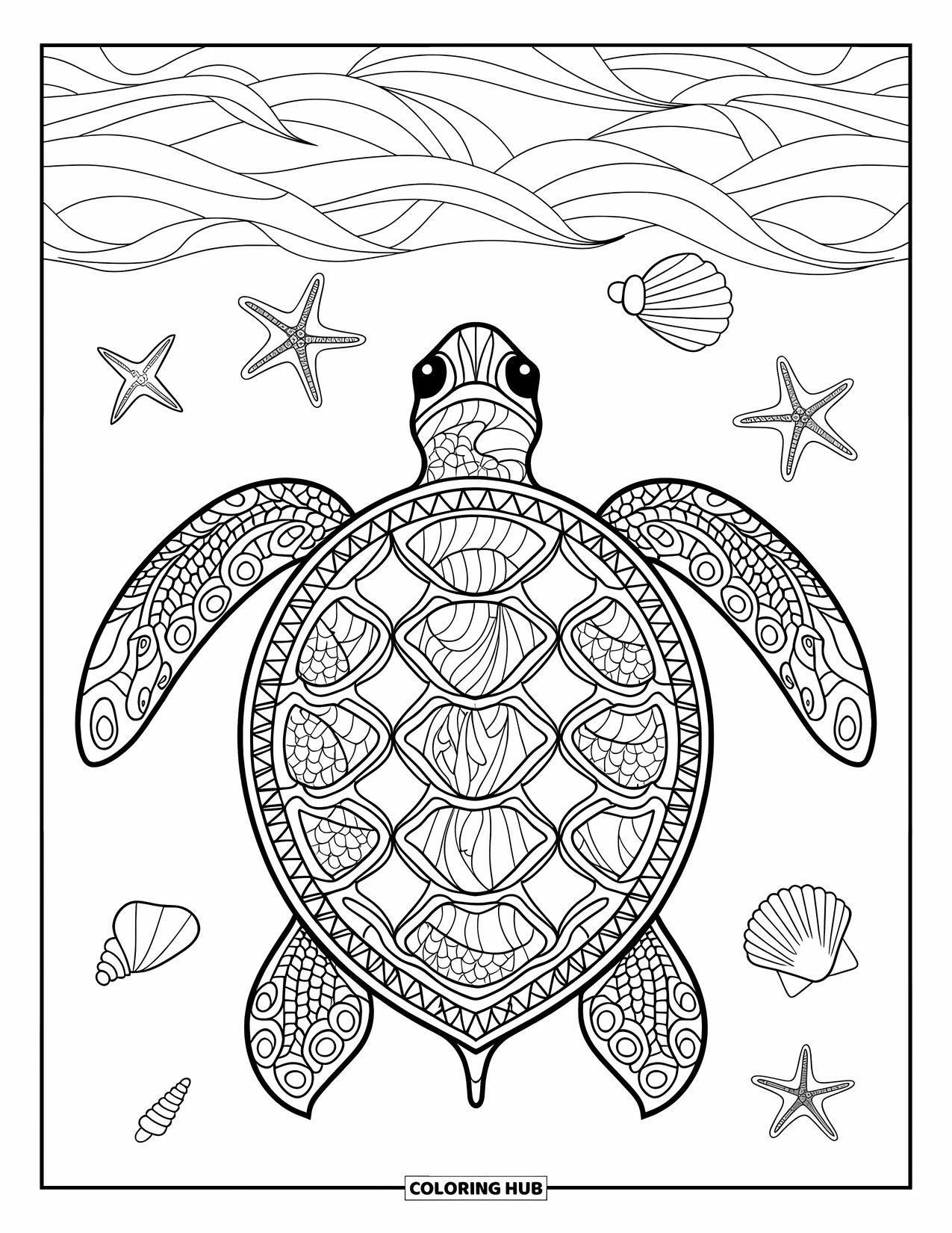 Animal Mandala Coloring Page for Adults: Sea turtle with mandala-patterned shell in a peaceful ocean setting