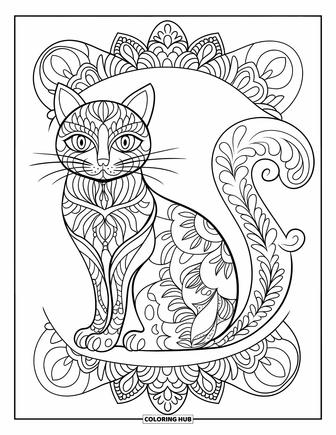 Animal Mandala Coloring Page for Adults: Sitting cat with floral mandala fur and intricate background patterns