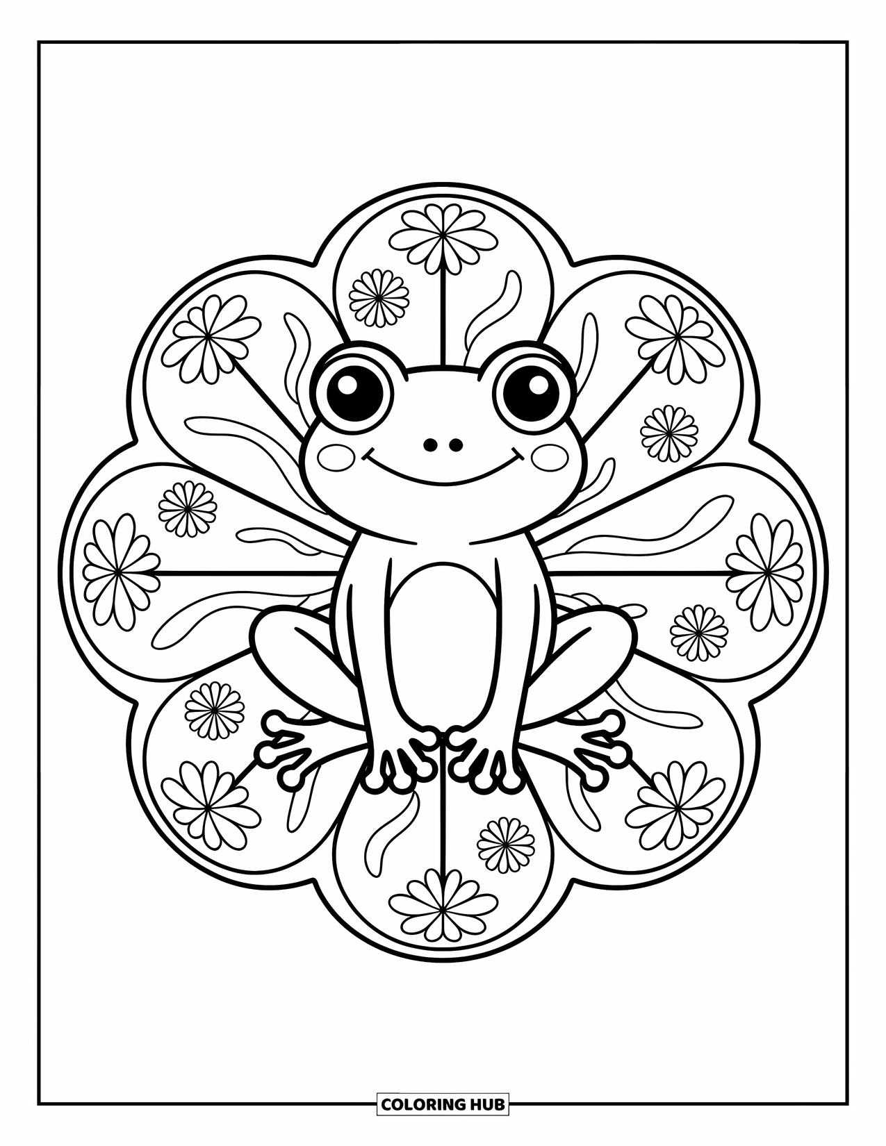 Animal Mandala Coloring Page for Adults: Smiling frog with mandala limbs, spirals, and playful pond doodles