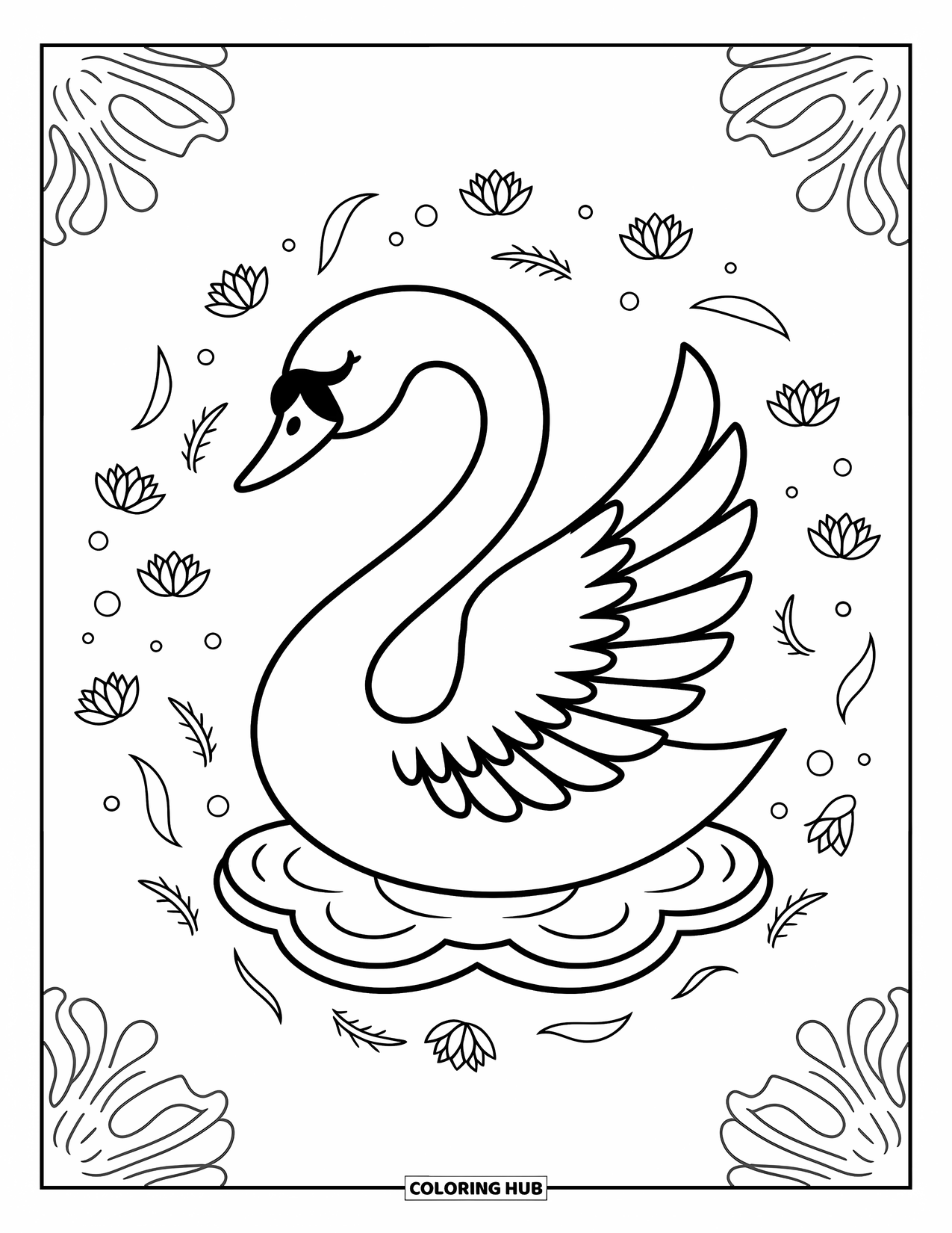 Animal Mandala Coloring Page for Adults: Swan forming a mandala circle with water ripples and tiny flowers